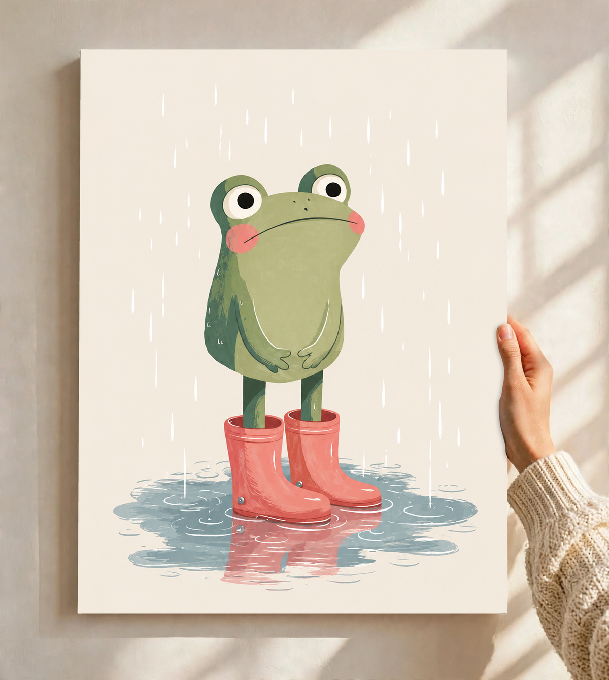 Frog rain boots print on paper, held upright