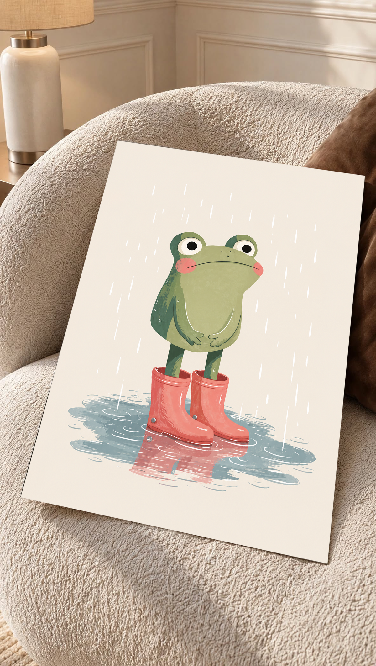 Frog in red boots art print, displayed at an angle