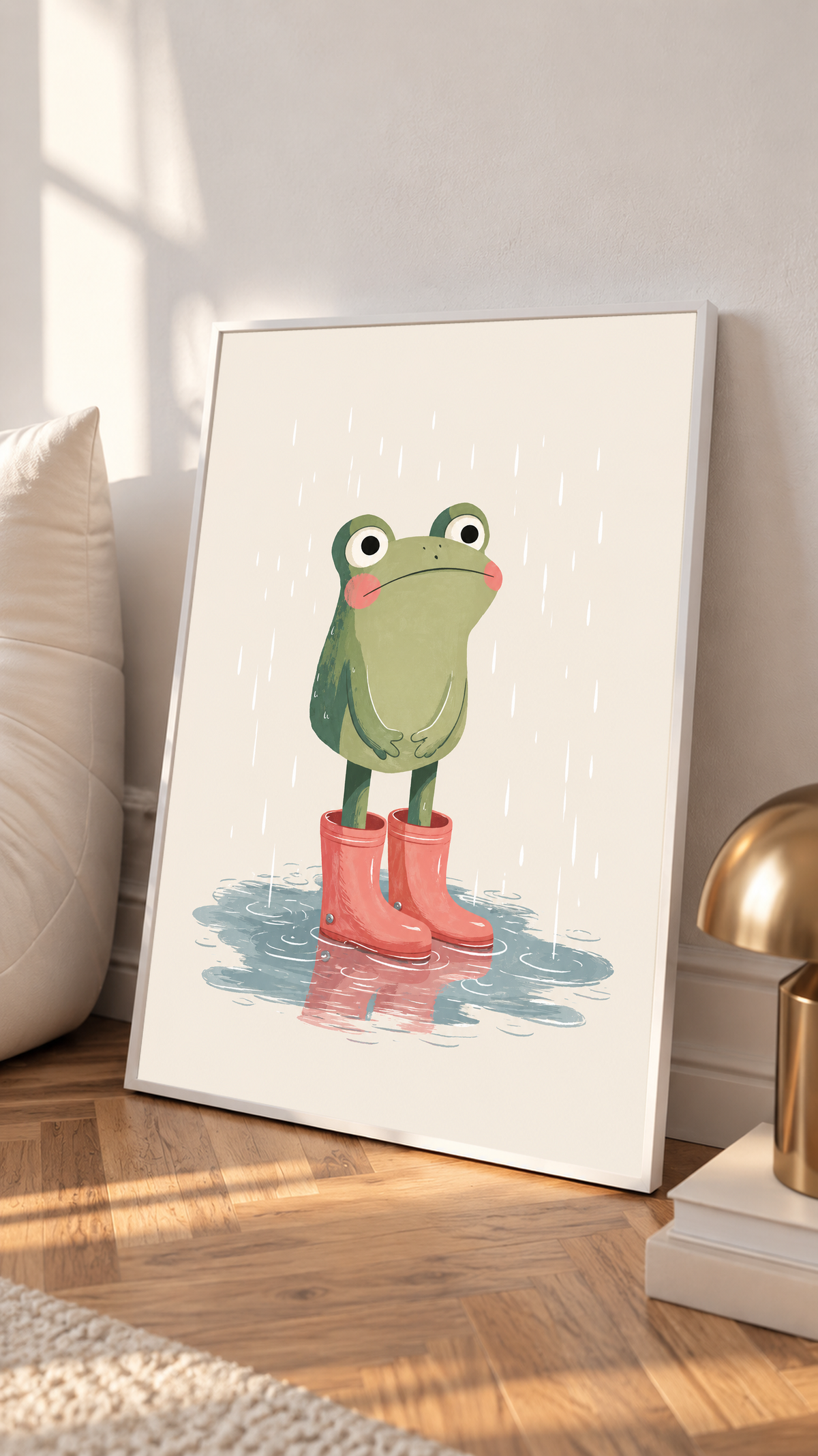 Frog rain boots print in a light frame, leaning upright
