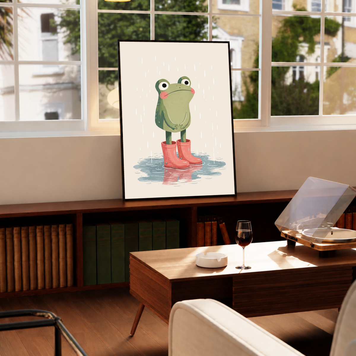 Frog rain boots print in a black frame, displayed upright
