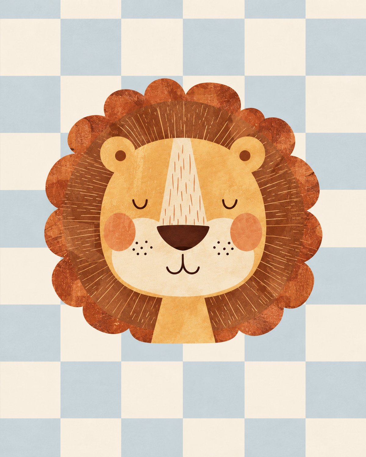Rostro de león dorado con ojos cerrados, mejillas naranjas y melena ondulada marrón óxido sobre un damero azul claro y crema. Vista plana de la ilustración, sin marco físico ni escena de interior.