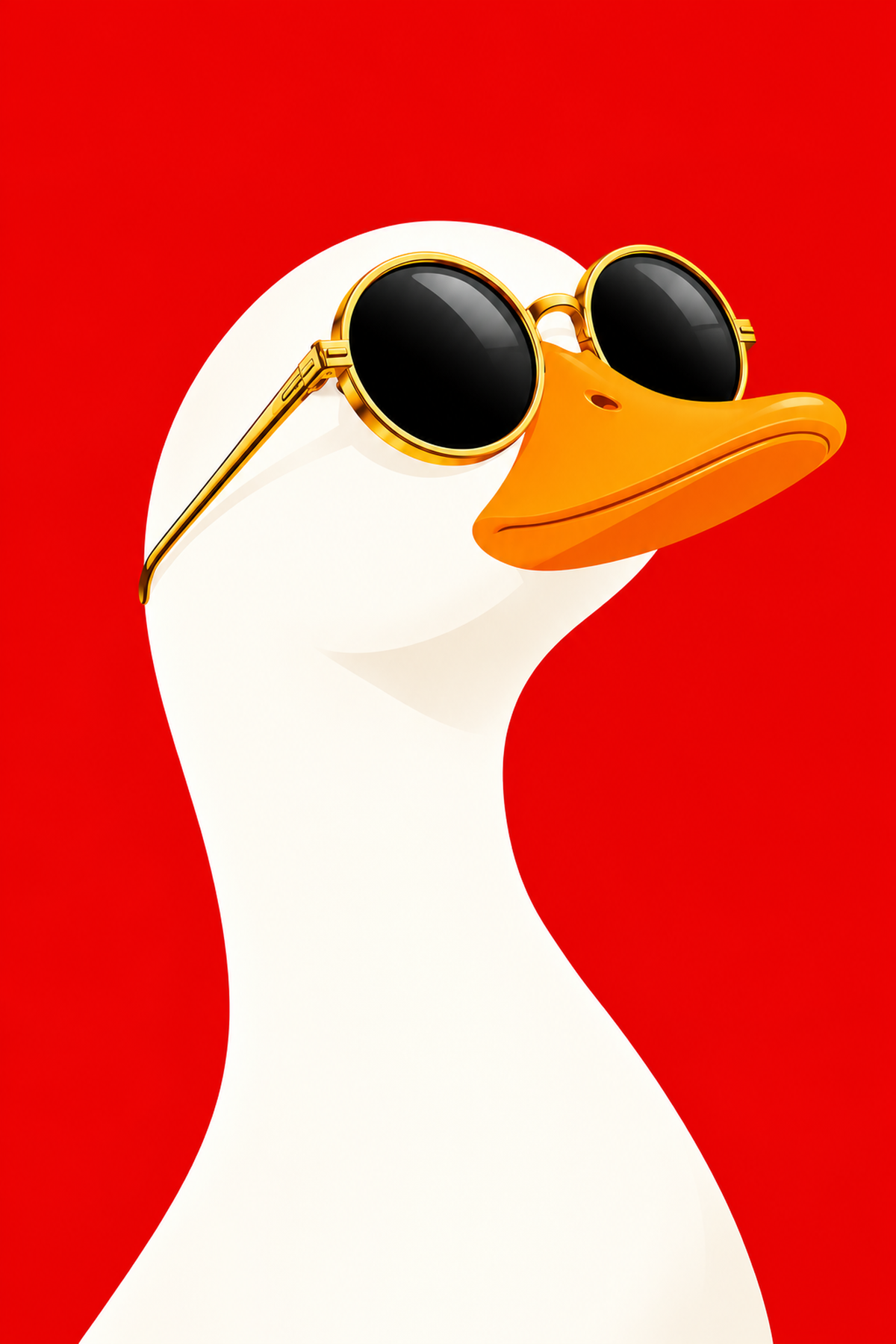 Art print of a white goose wearing gold sunglasses against a red background