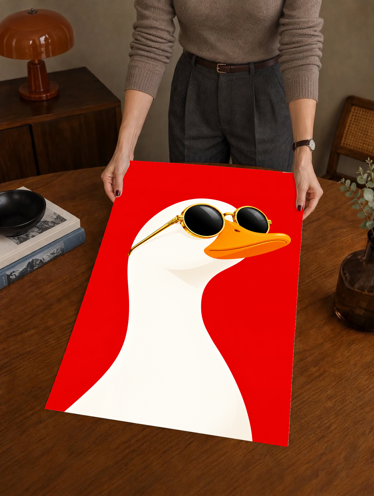 Poster featuring a white goose in gold sunglasses on a red background