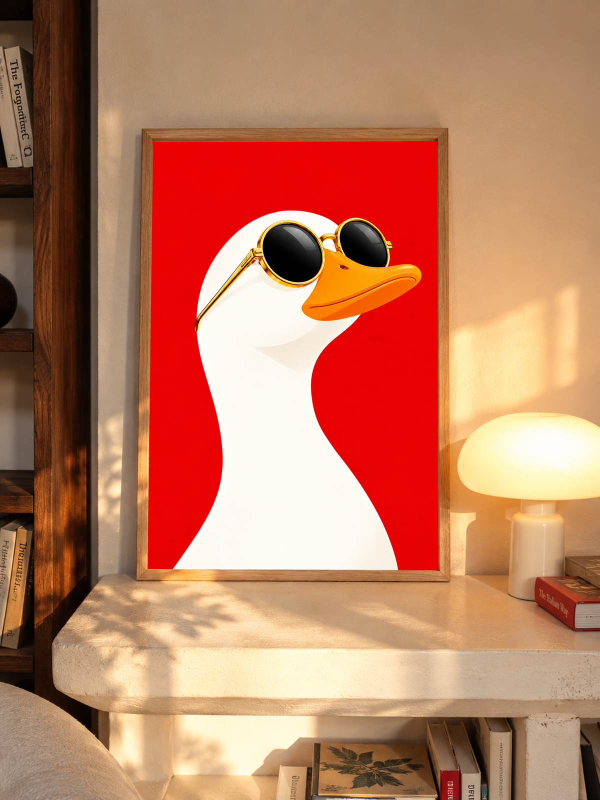 Goose art print in a light wood frame, with gold sunglasses on red