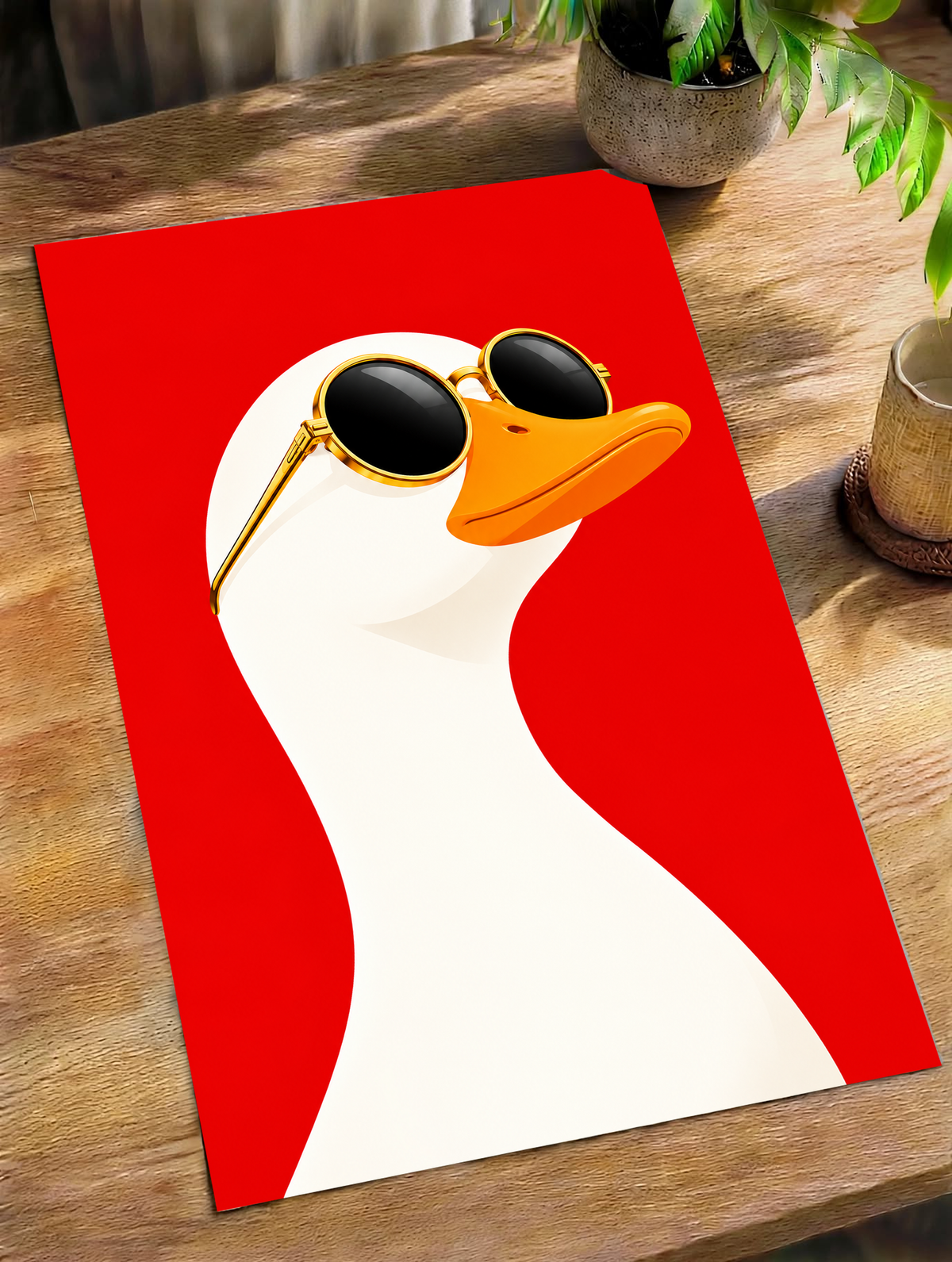 Unframed print of a white goose wearing gold sunglasses on red