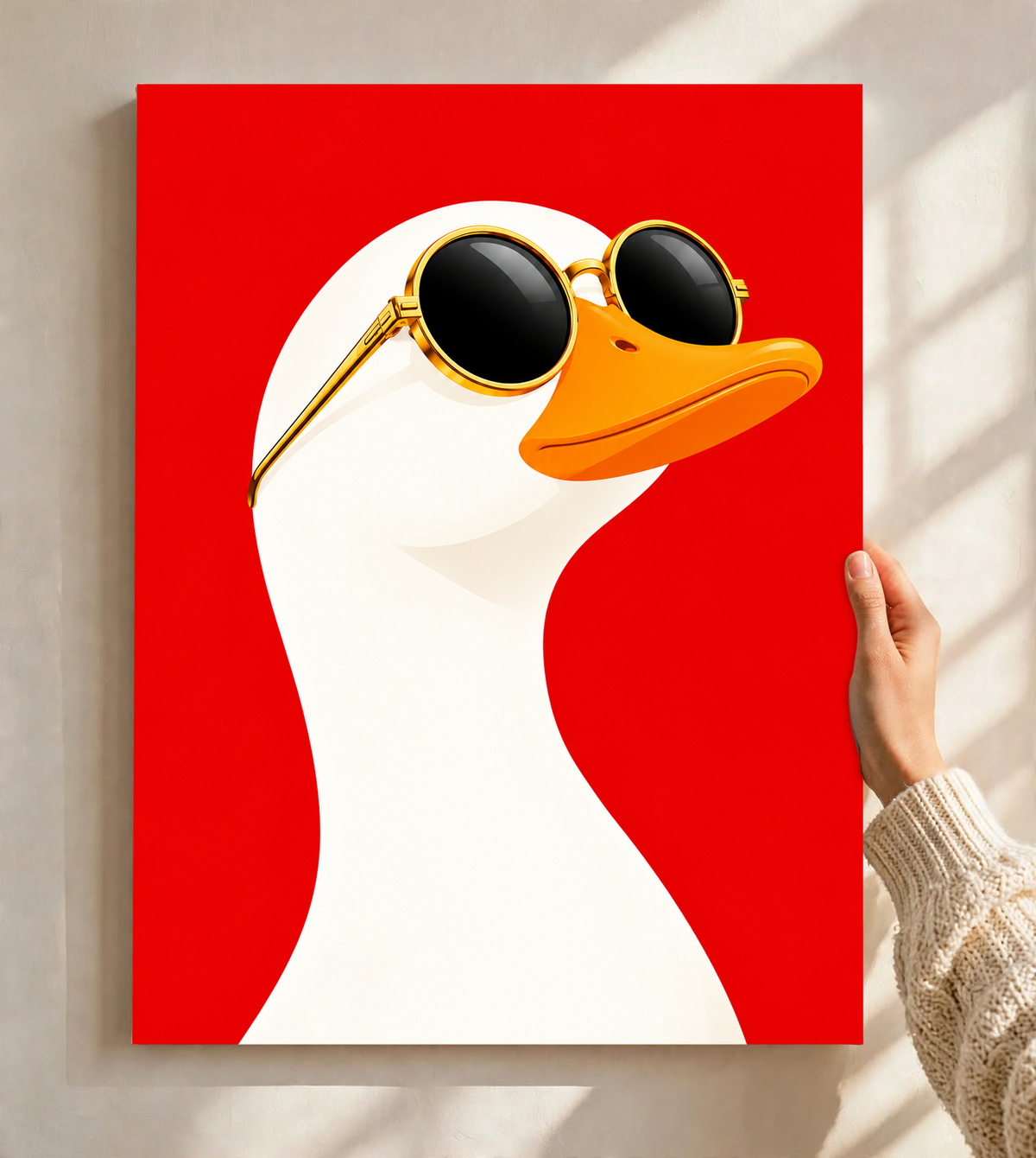 Vertical goose art print with gold sunglasses and a bright red background