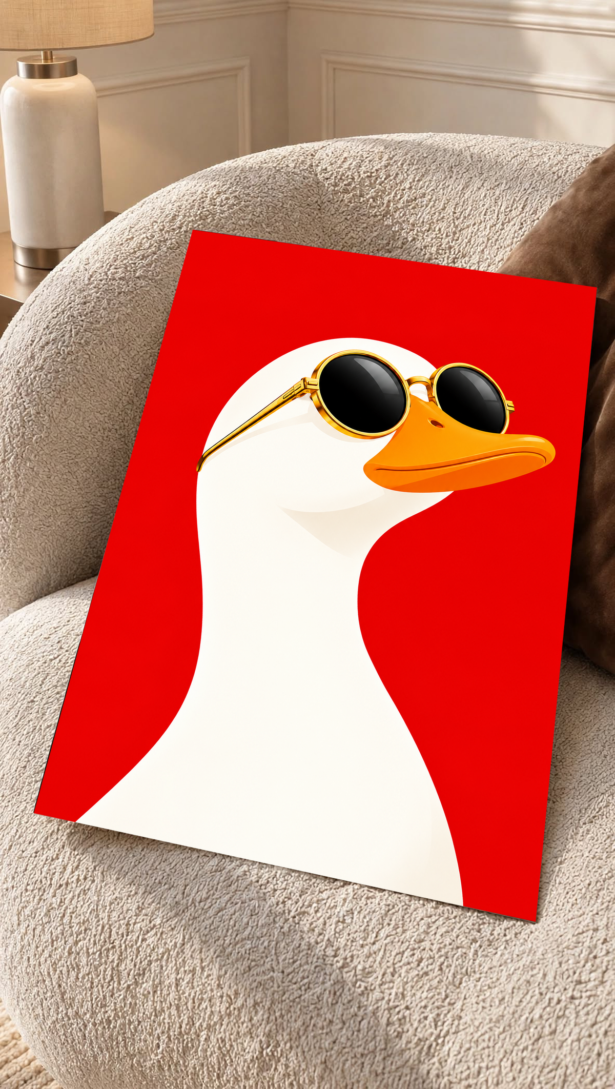 Goose poster with gold sunglasses on red, shown unframed