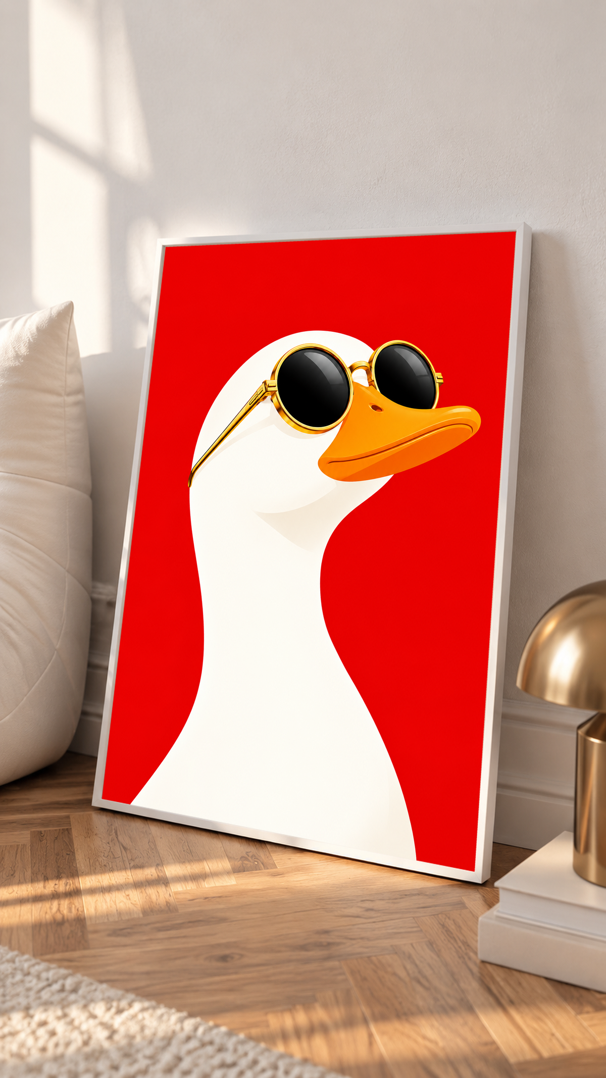 Framed print of a goose wearing gold sunglasses against a red background