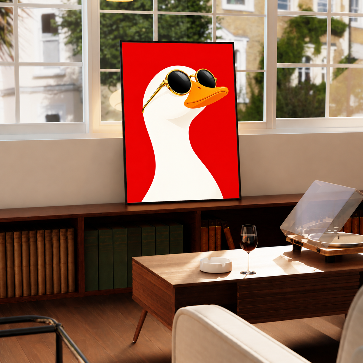 Goose art print in a black frame, featuring gold sunglasses on red
