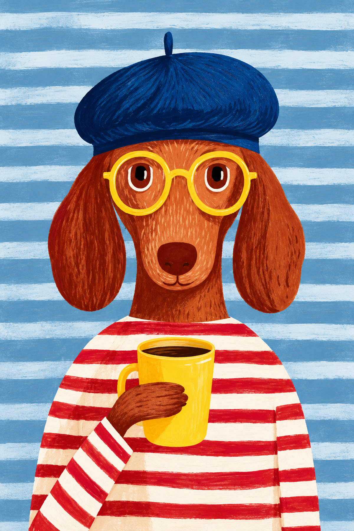 Vista completa de la ilustración: Un perro marrón de orejas largas, boina azul, gafas amarillas y camiseta de rayas rojas y crema sostiene una taza amarilla ante un fondo de rayas azules.