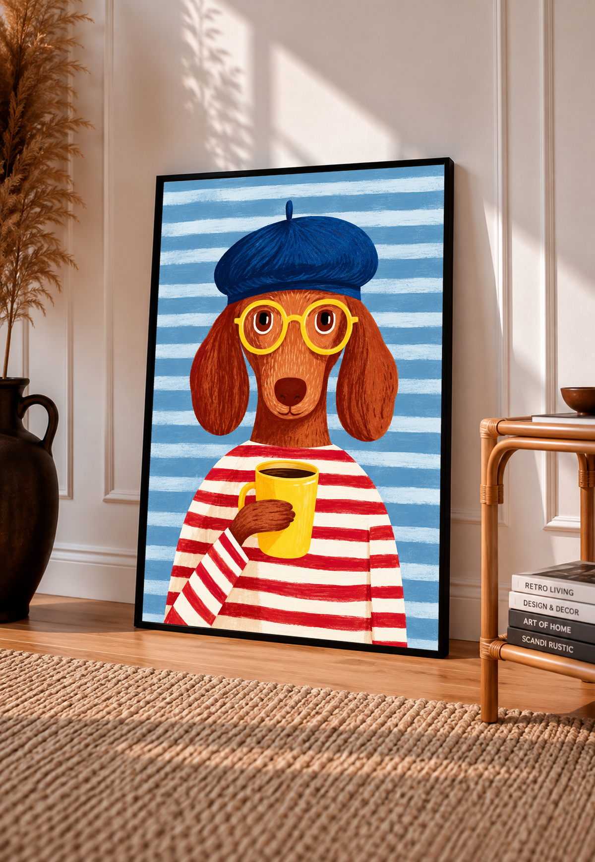 Marco negro apoyado en un suelo soleado junto a una silla trenzada: Un perro marrón de orejas largas, boina azul, gafas amarillas y camiseta de rayas rojas y crema sostiene una taza amarilla ante un fondo de rayas azules.