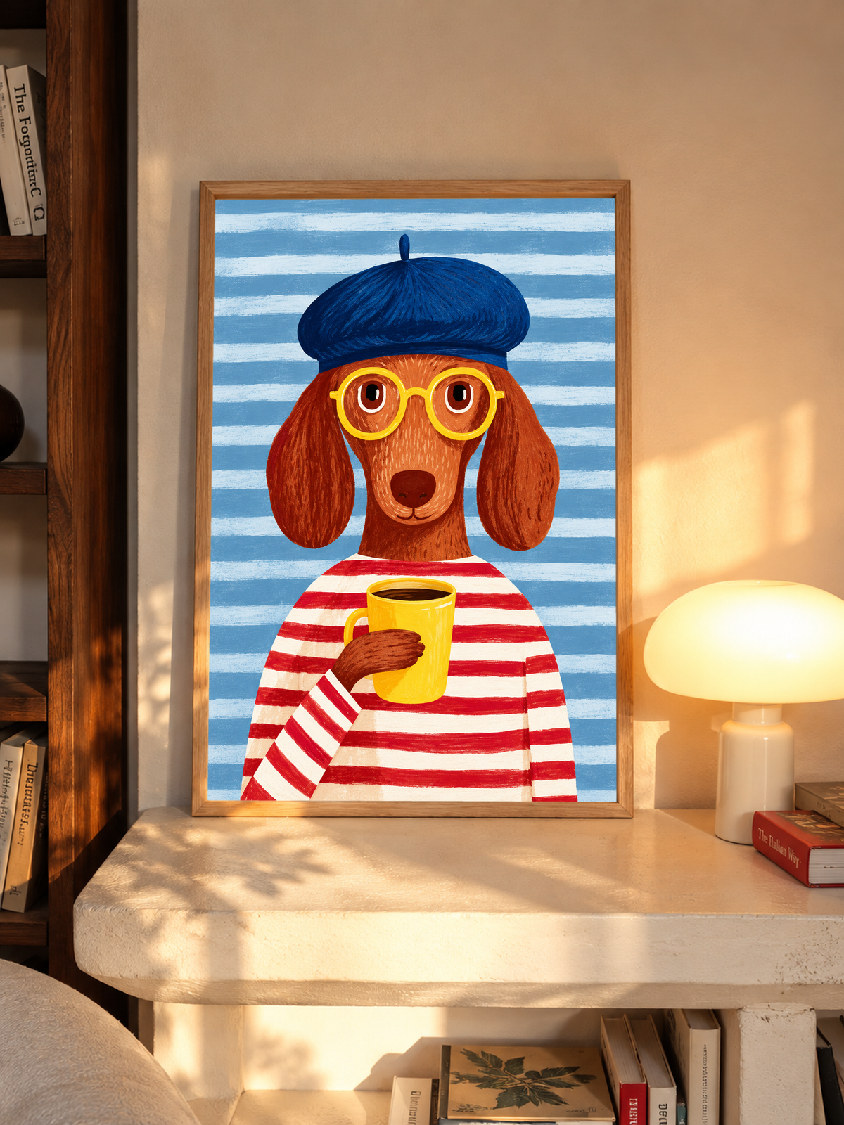 Marco de roble sobre una estantería junto a una lámpara encendida: Un perro marrón de orejas largas, boina azul, gafas amarillas y camiseta de rayas rojas y crema sostiene una taza amarilla ante un fondo de rayas azules.