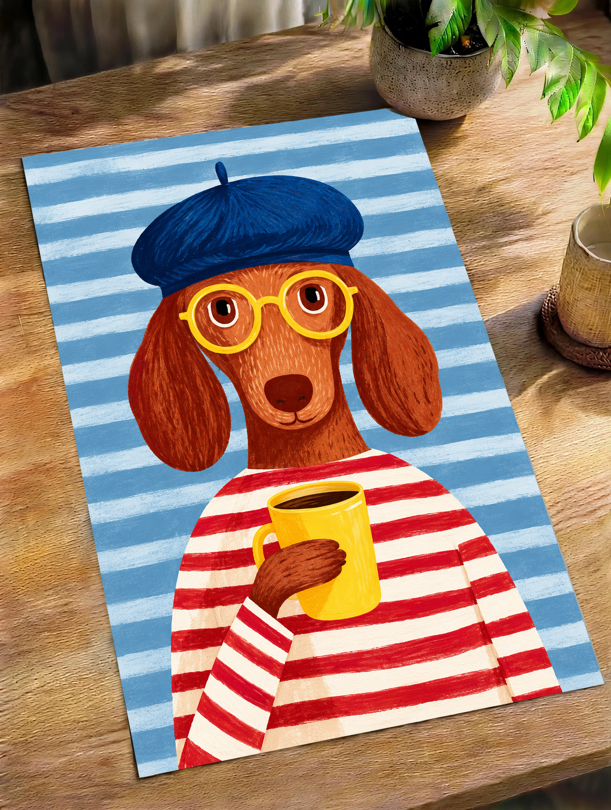 Póster sin marco sobre una mesa de madera cerca de una planta: Un perro marrón de orejas largas, boina azul, gafas amarillas y camiseta de rayas rojas y crema sostiene una taza amarilla ante un fondo de rayas azules.