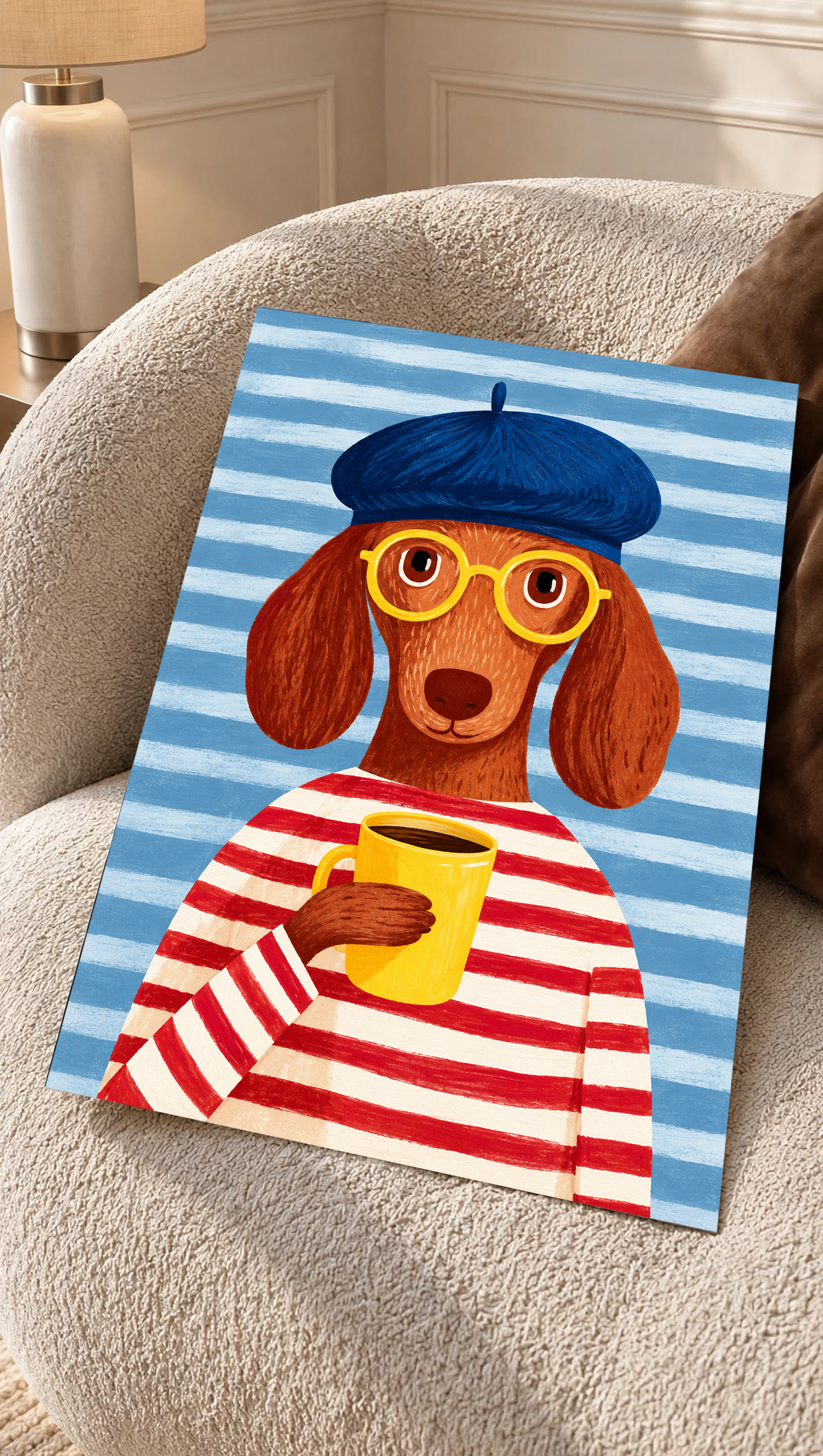 Póster sin marco sobre un sillón crema de tejido texturizado: Un perro marrón de orejas largas, boina azul, gafas amarillas y camiseta de rayas rojas y crema sostiene una taza amarilla ante un fondo de rayas azules.