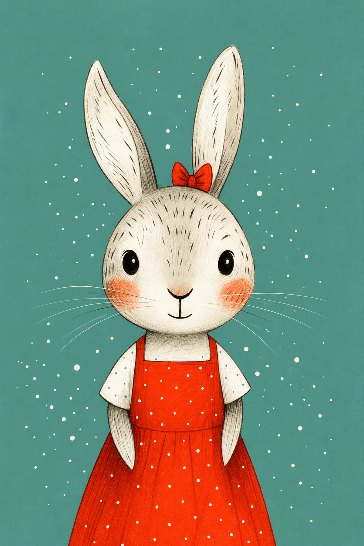 Nursery art print of a rabbit in a red polka dot dress with a bow on teal