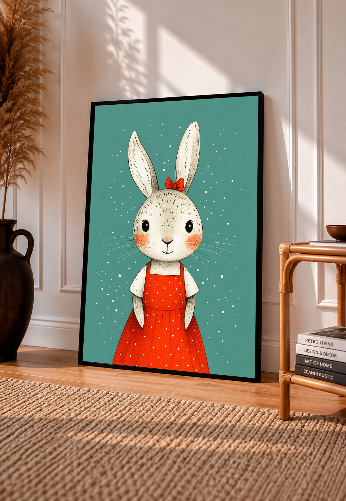 Black-framed nursery print of a rabbit in a red polka dot dress on teal