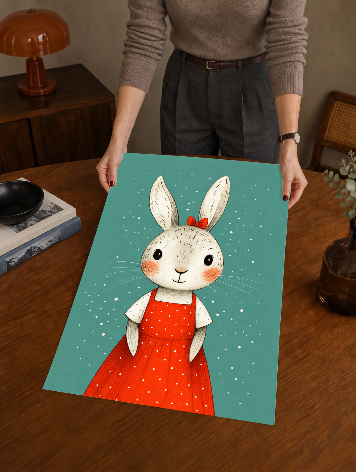 Unframed nursery art print of a rabbit in a red polka dot dress on teal