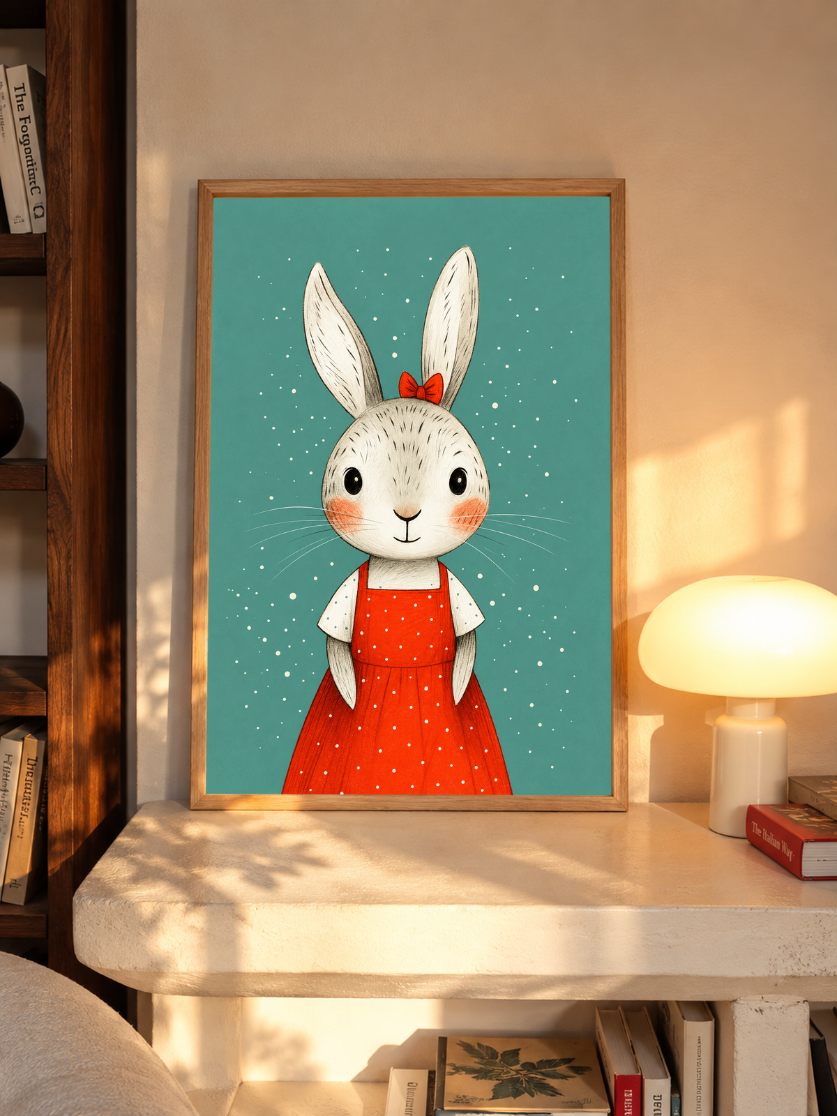 Oak-framed nursery print featuring a rabbit in a red polka dot dress on teal