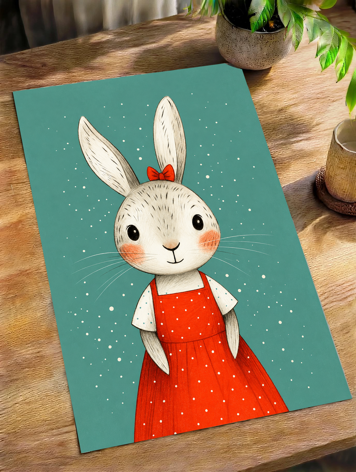 Nursery art print of a rabbit in a red polka dot dress with white speckles on teal