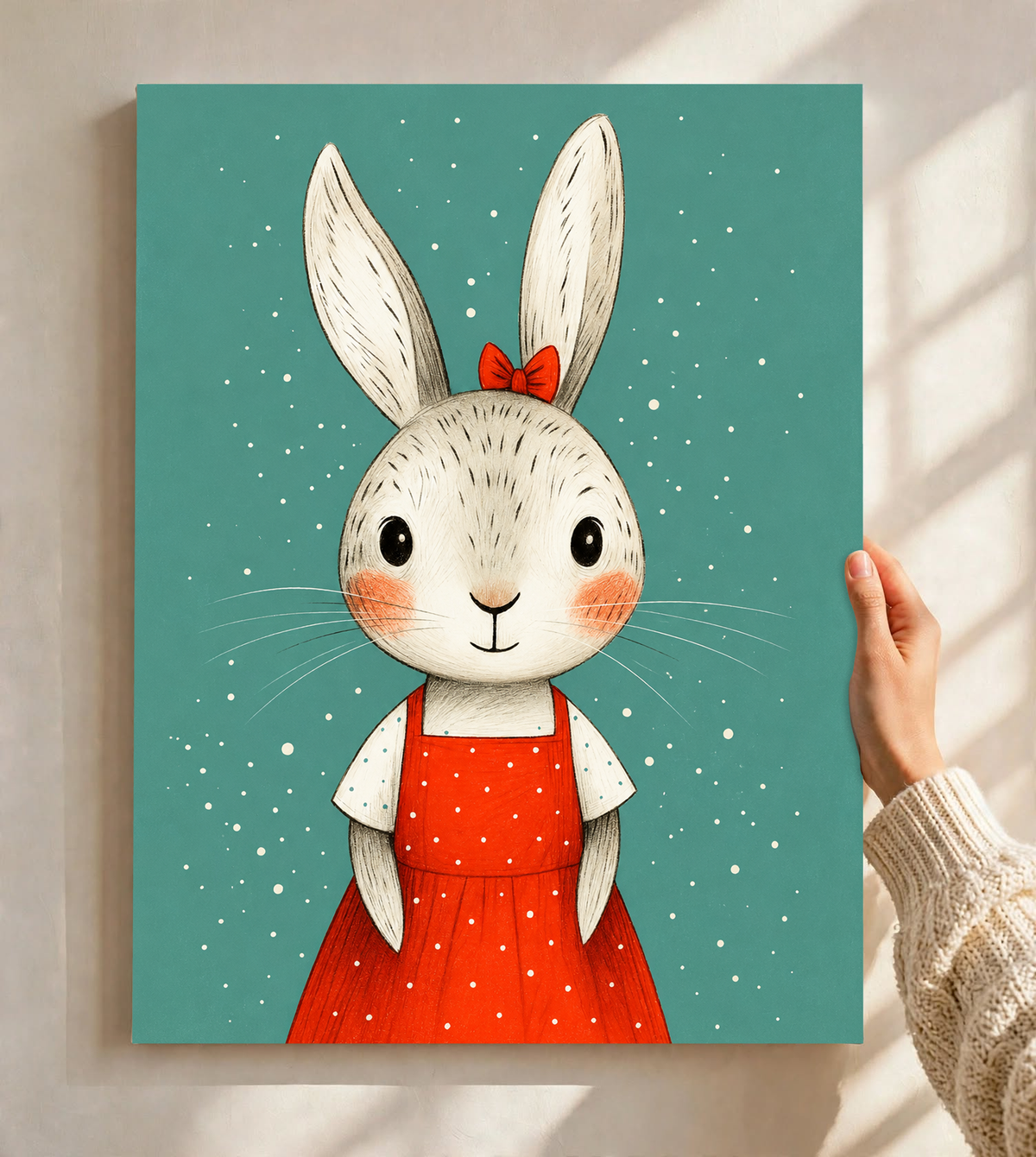 Rabbit nursery print with a red polka dot dress and bow, shown at full size