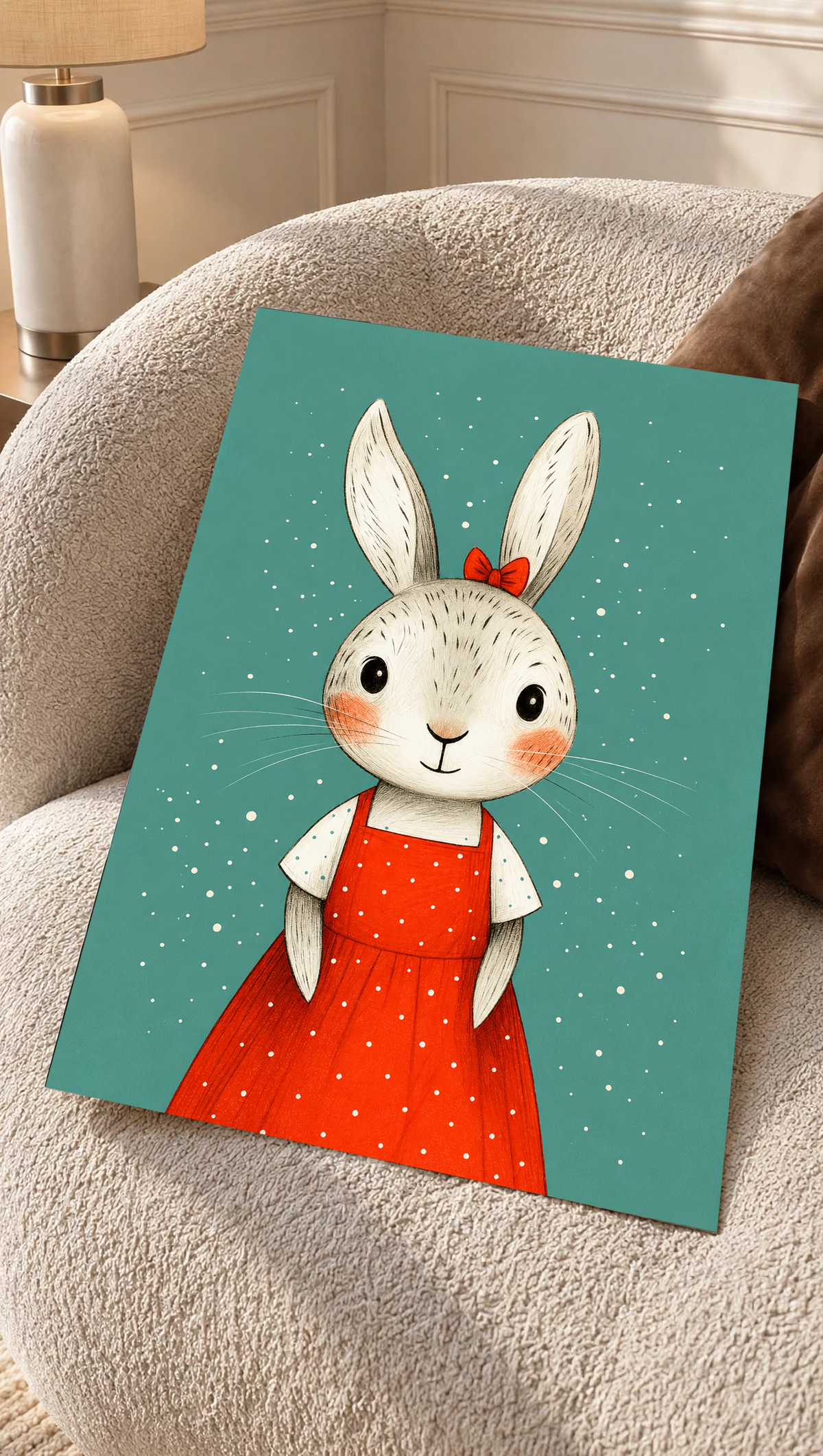 Nursery art print showing a rabbit in a red polka dot dress against teal