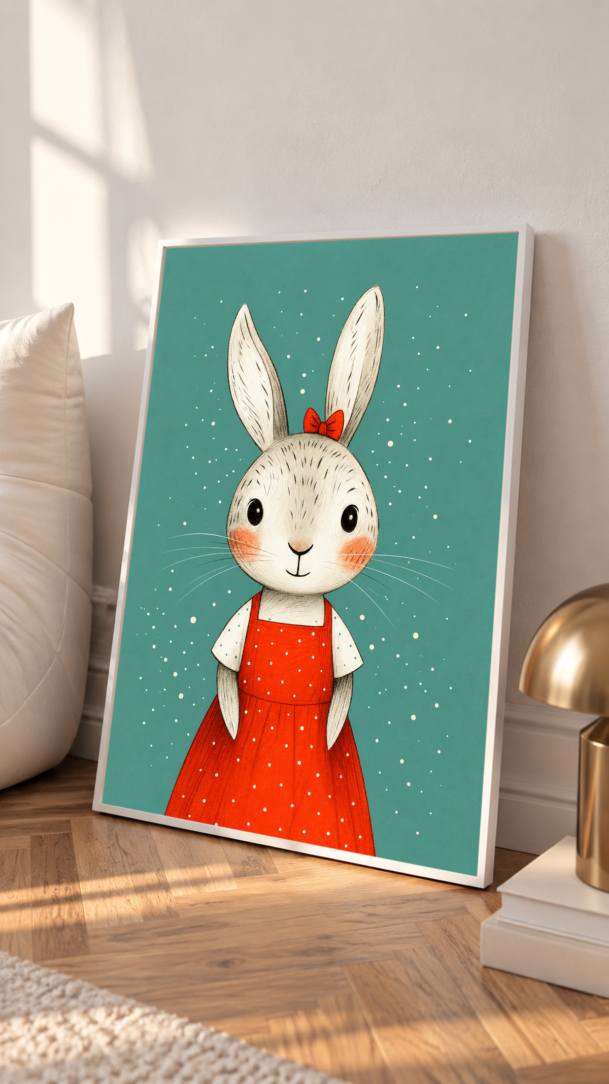 White-framed nursery print of a rabbit in a red polka dot dress on teal