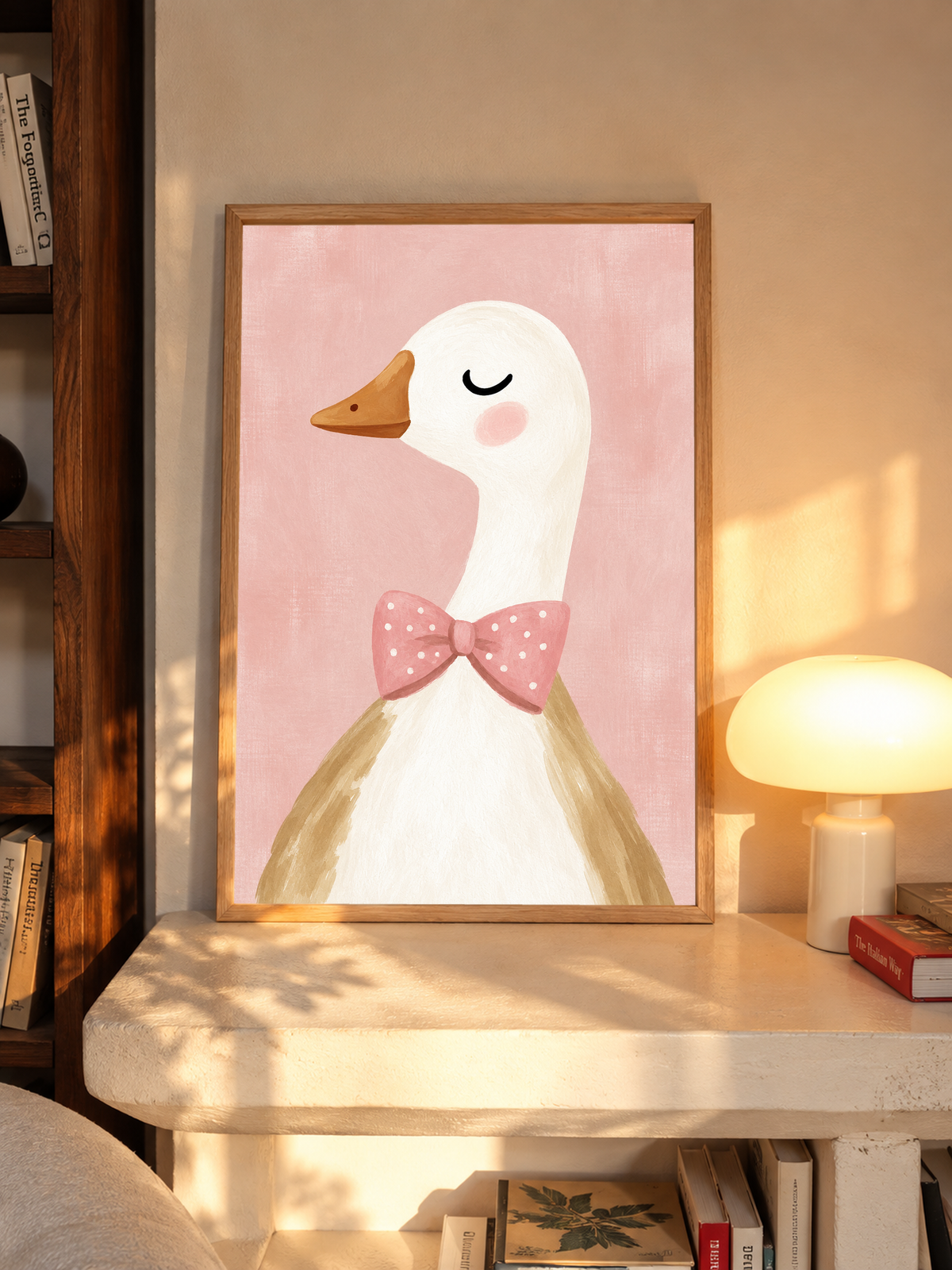 Oak-framed goose print featuring a white goose in a pink polka dot bow