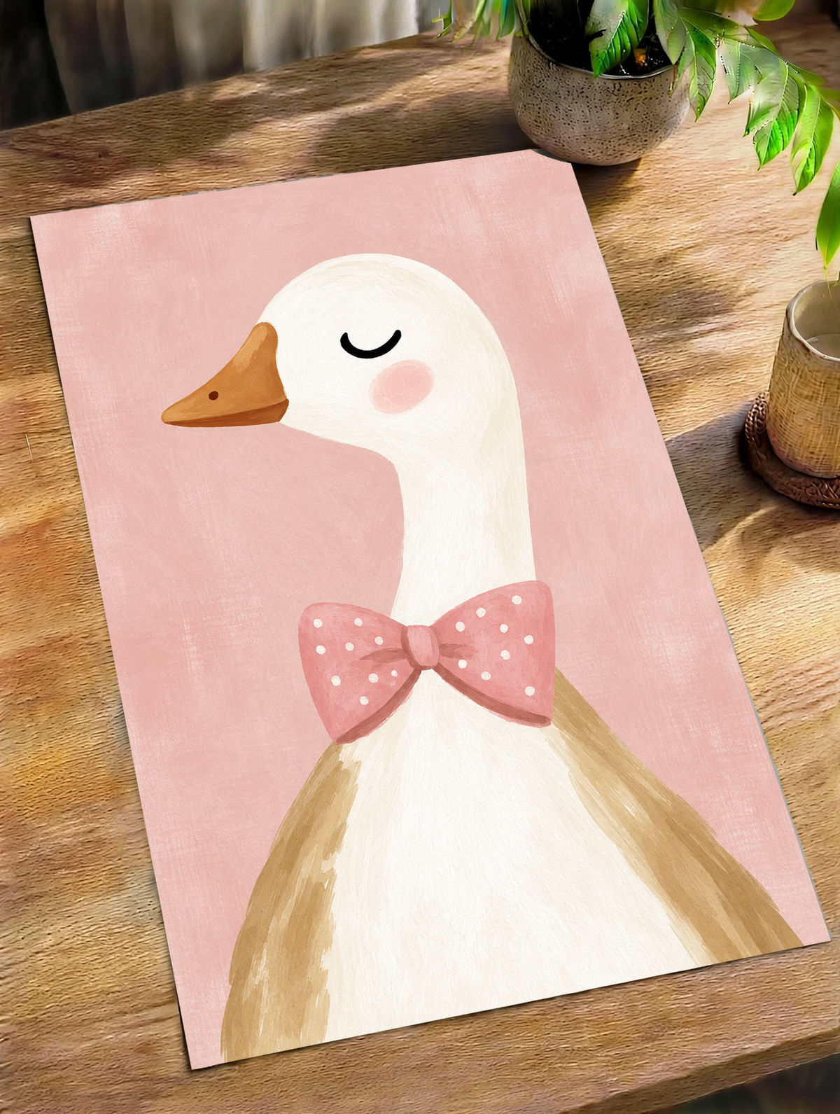 Primer plano de oca blanca con ojo cerrado, mejilla rosada, pico ocre y lazo rosa de lunares blancos sobre fondo rosa suave. Póster sin marco sobre una mesa de madera junto a una planta de hojas verdes y una taza.