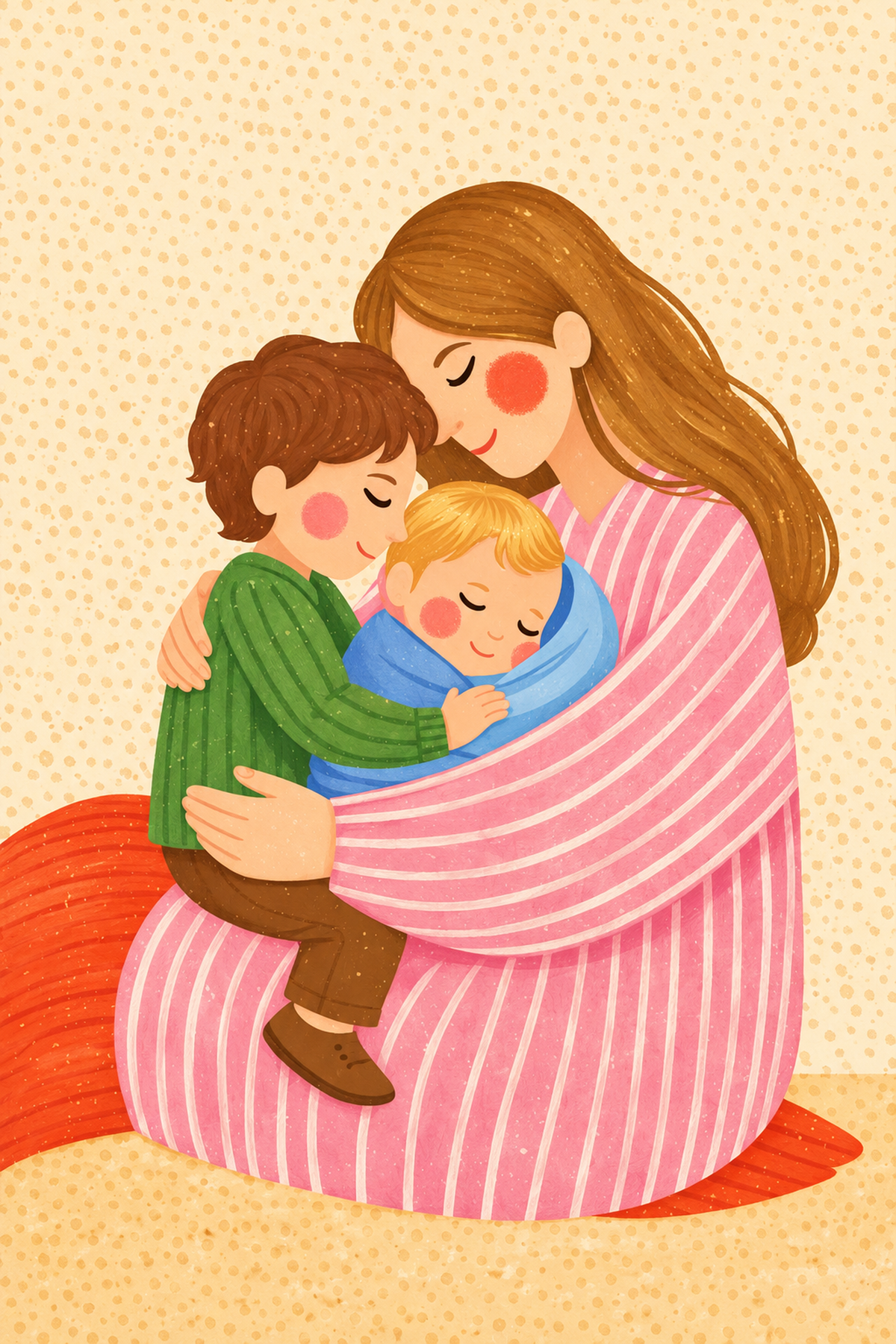 Illustrated art print of a mother embracing two children in pink, yellow, green, and blue