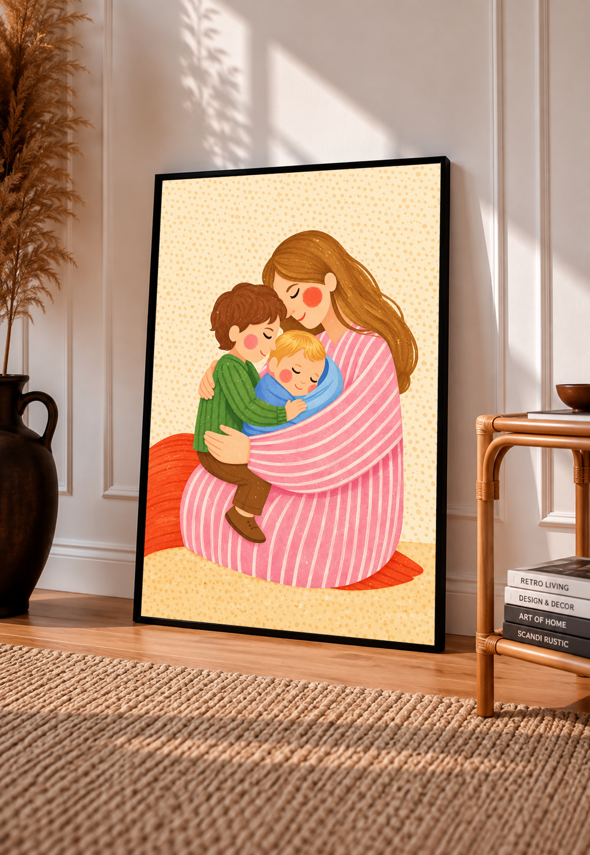 Mother and two children art print in a black frame