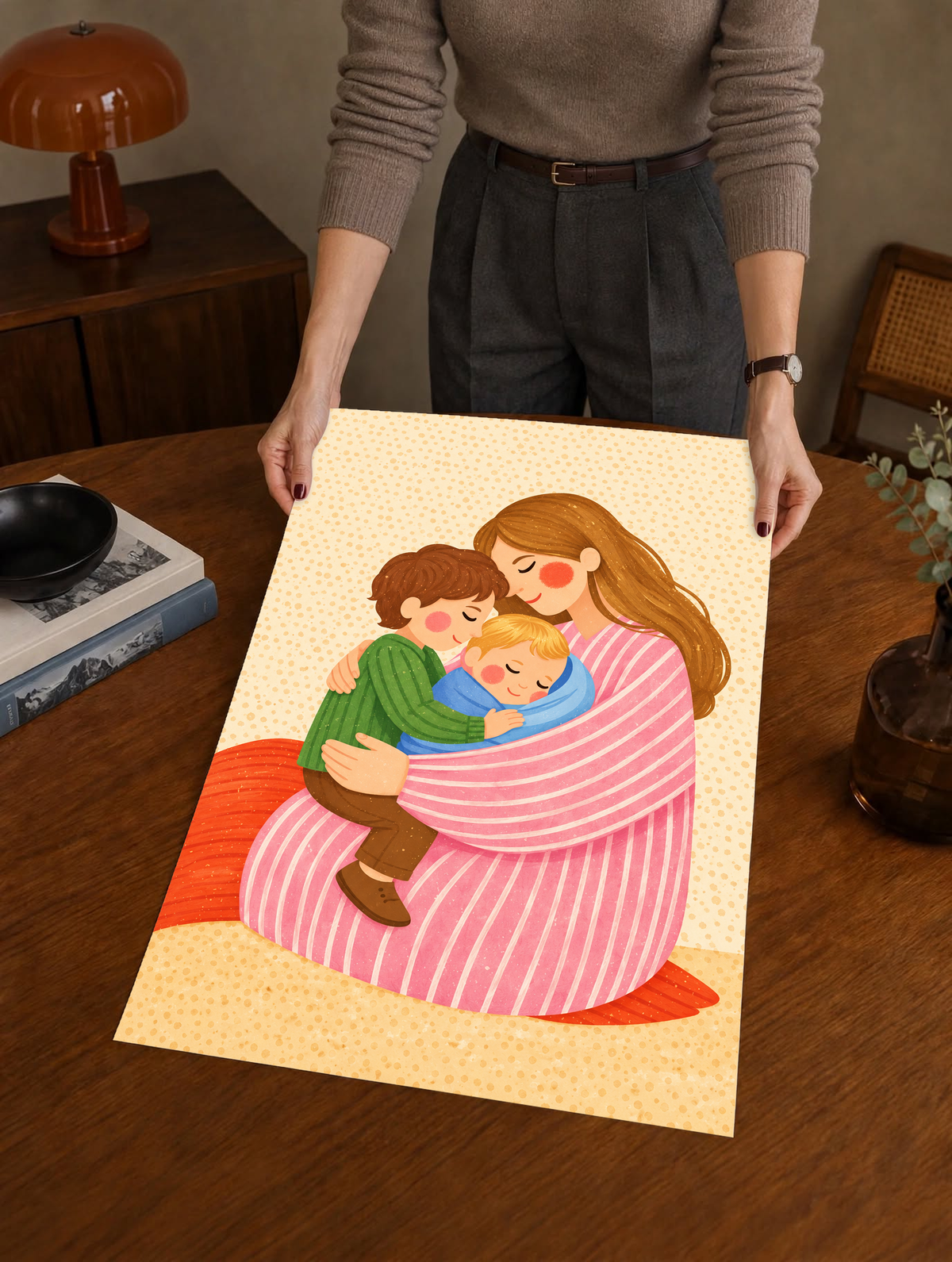 Unframed art print showing a mother cuddling two children