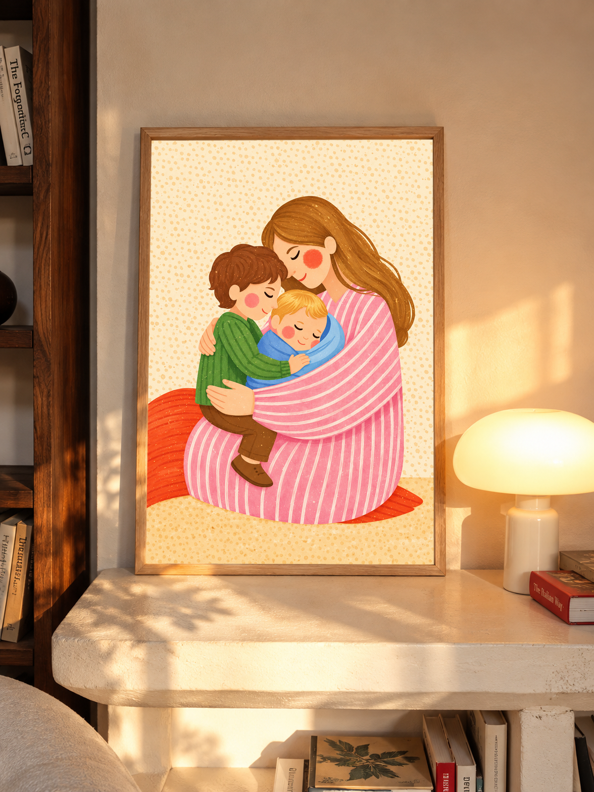 Mother and children art print in a light wood frame