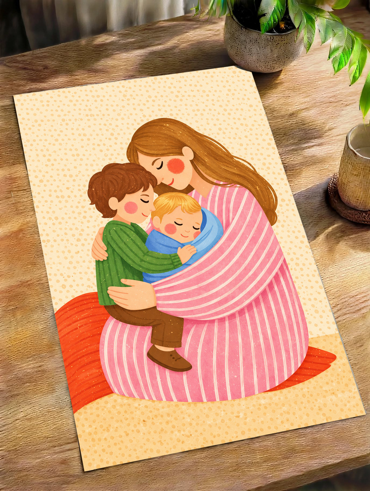 Unframed print of a mother holding her two children, with pink striped clothing