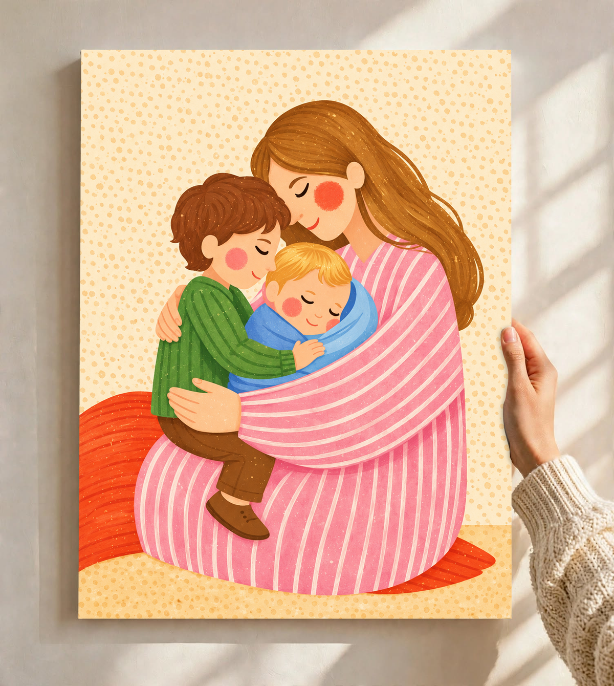 Canvas art of a mother embracing two children, with a yellow dotted background