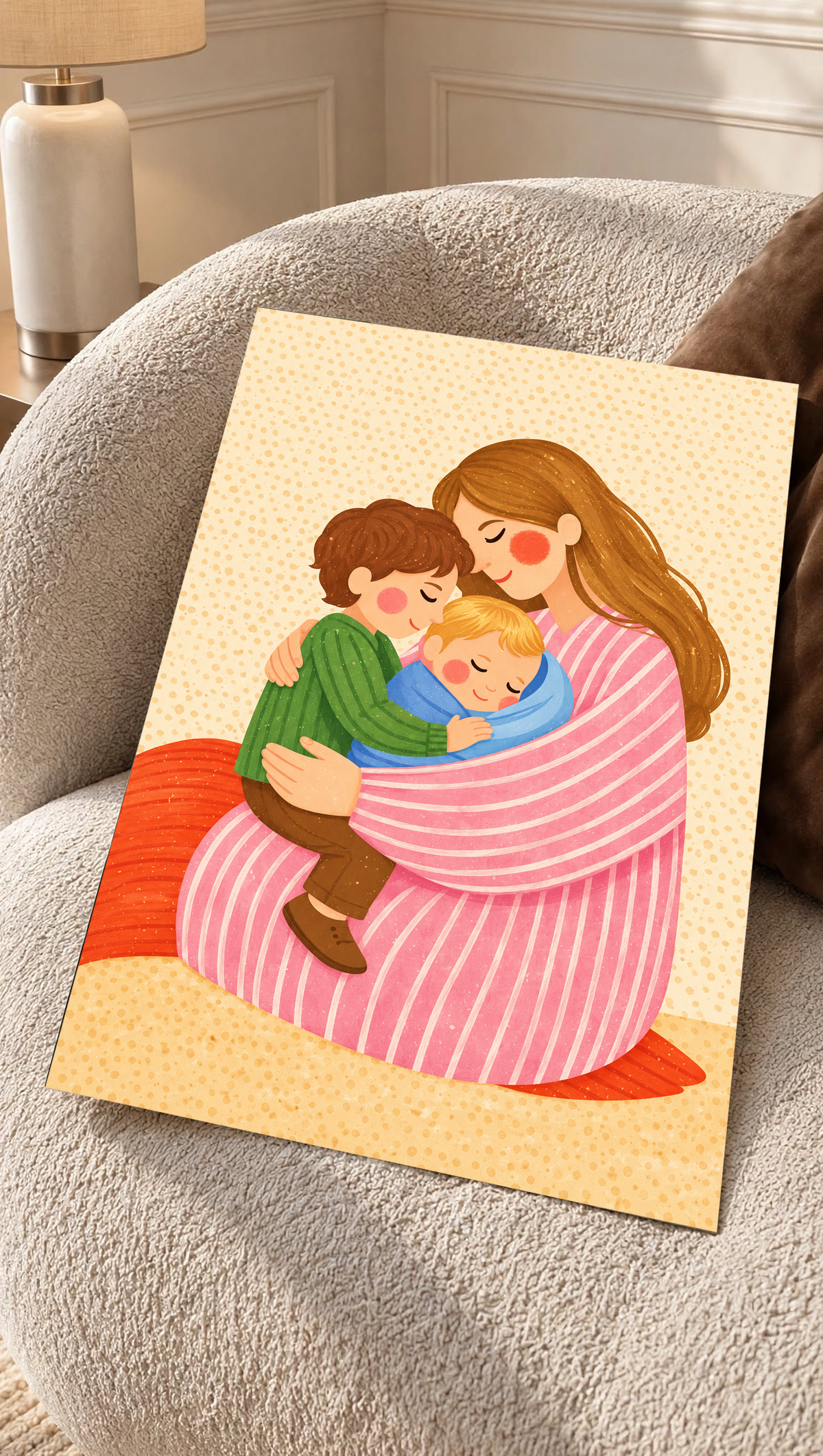 Mother and two children art print, displayed unframed