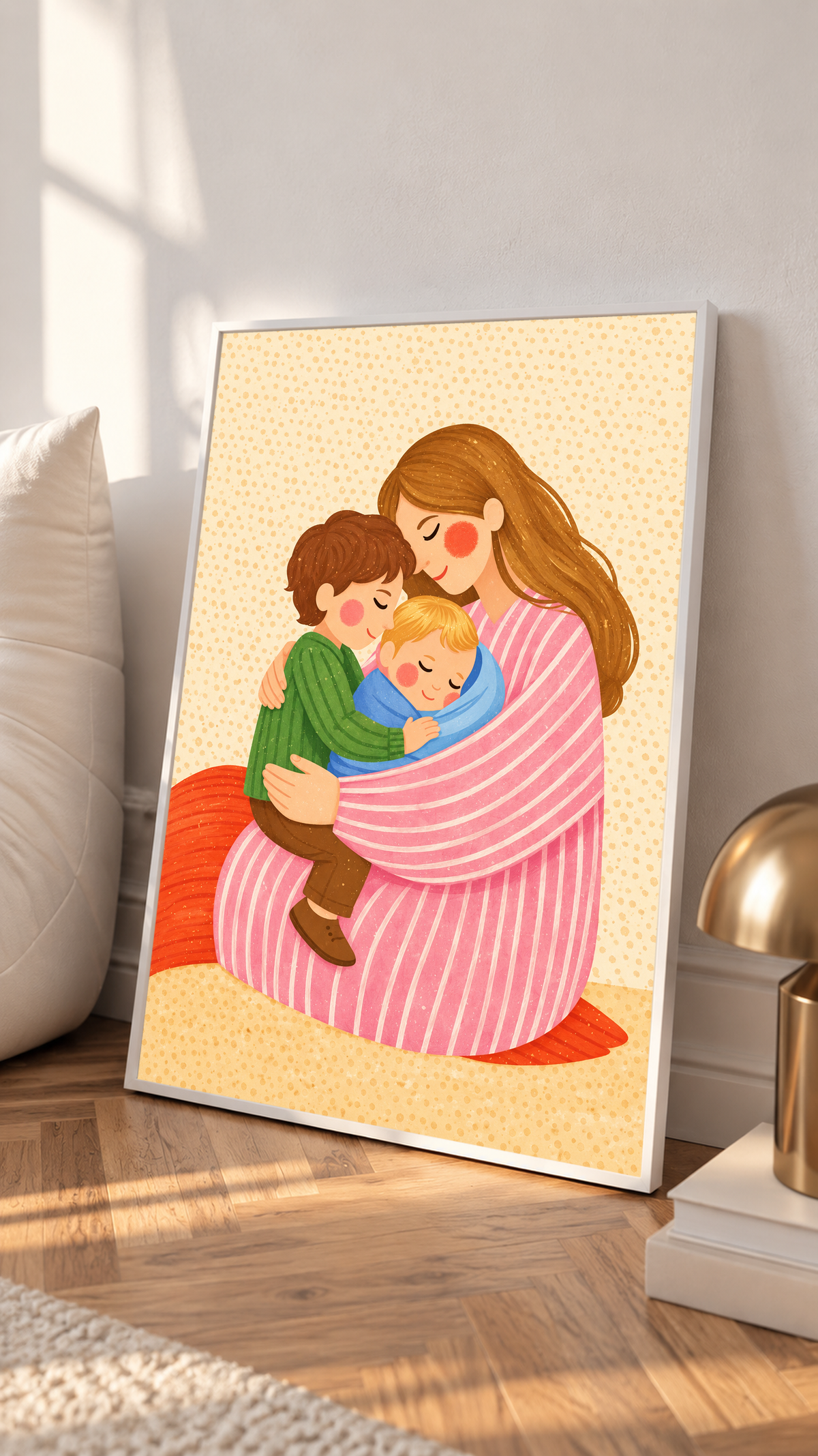 Mother and children art print in a slim light-colored frame
