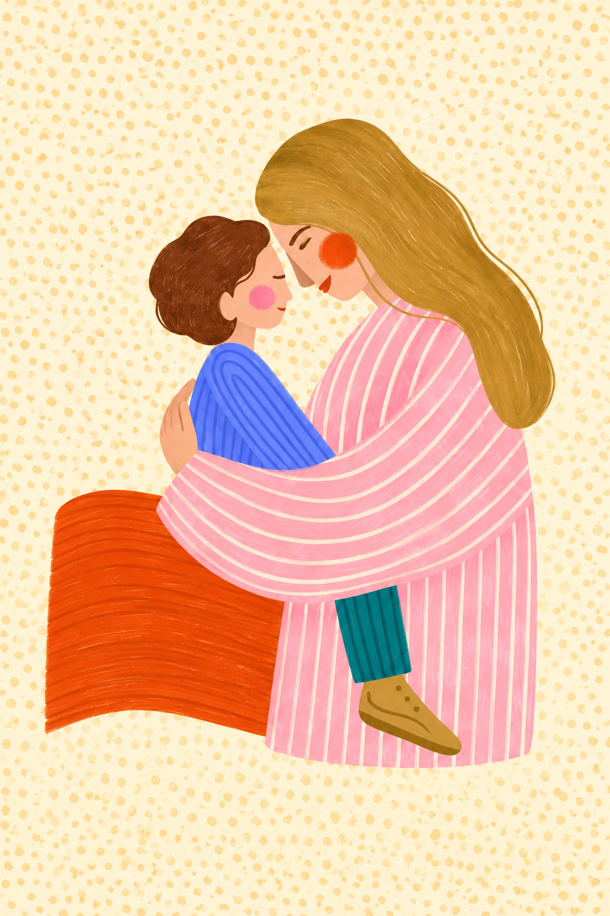 Madre dai capelli dorati con abito a righe rosa e bianche che abbraccia un bambino in maglione blu, pantaloni verde petrolio e scarpe marroni su fondo giallo. Anteprima piatta dell’illustrazione, senza cornice fisica né ambientazione.