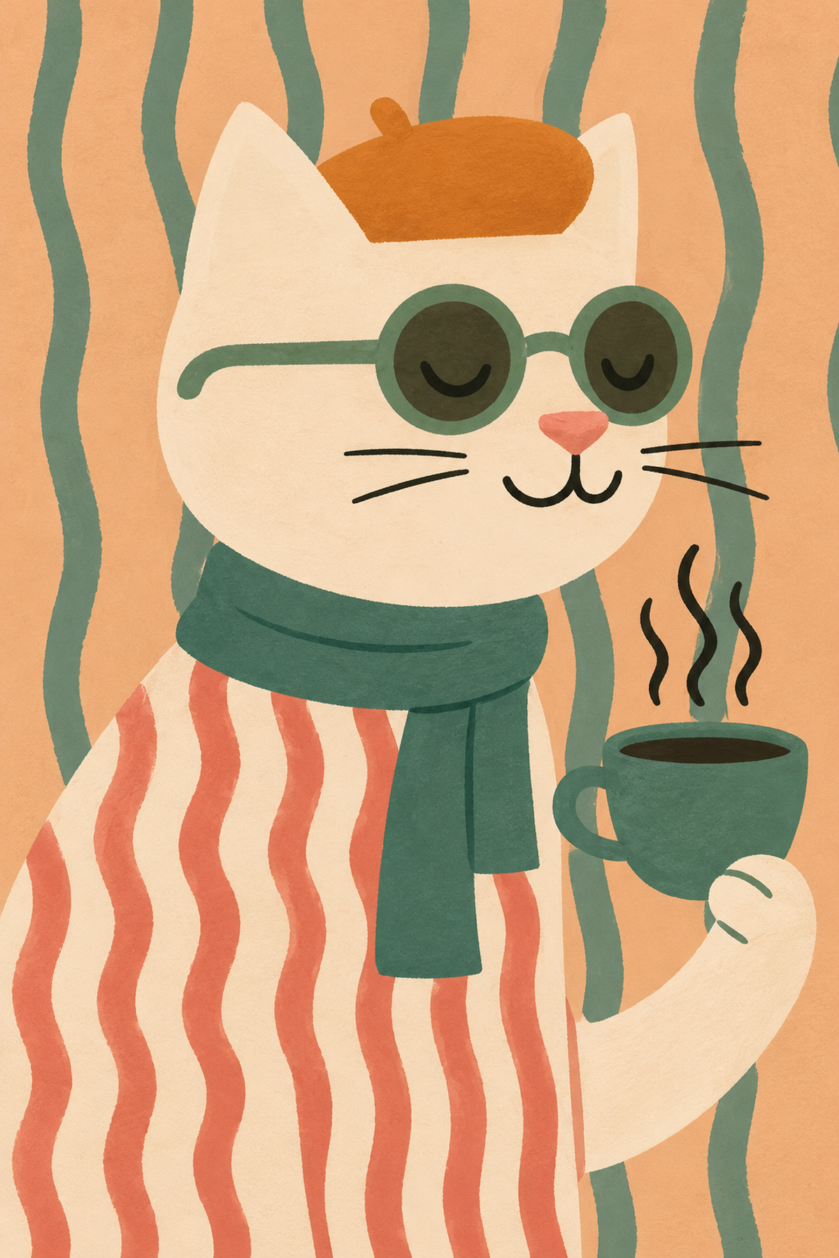 Art print of a cream cat in a beret and green glasses holding a steaming mug