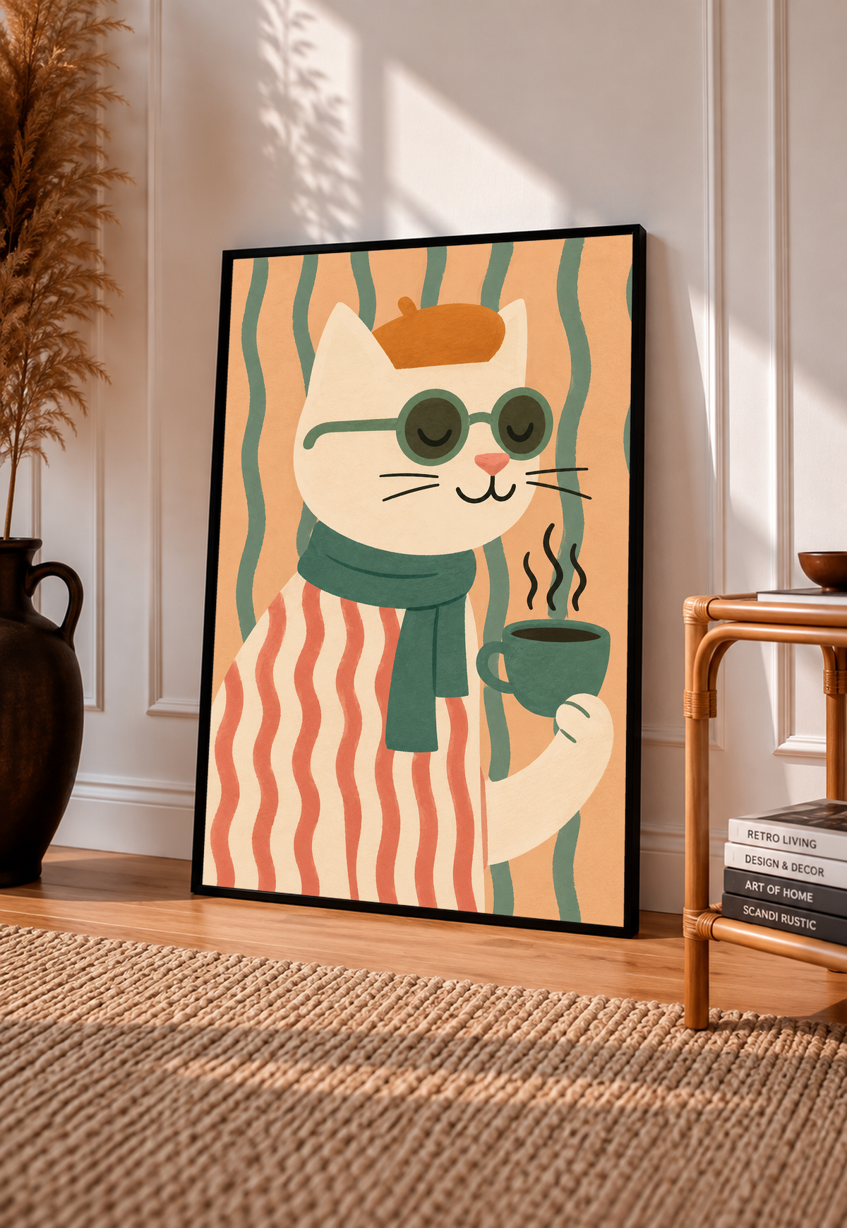 Framed cat art print featuring green glasses, a beret, and a steaming mug
