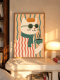 Cat art print in a wooden frame, showing a beret-wearing cat with a steaming mug