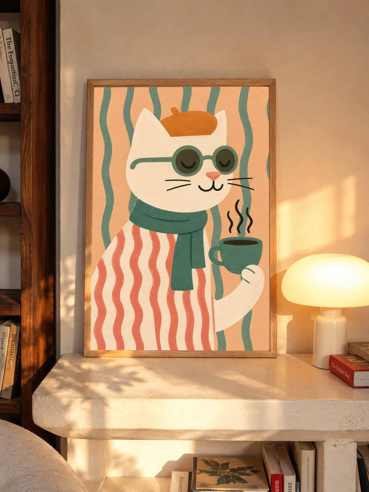 Cat art print in a wooden frame, showing a beret-wearing cat with a steaming mug