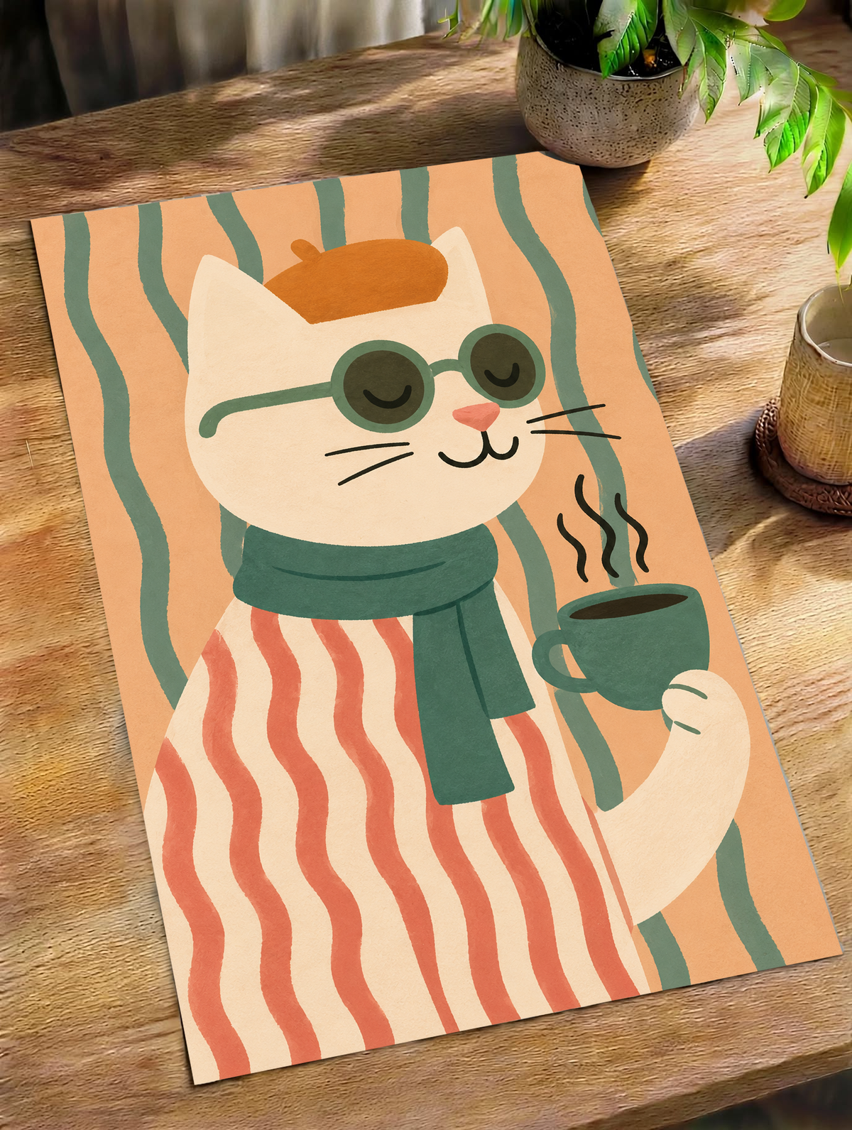 Unframed cat art print with green glasses, a striped sweater, and steaming mug