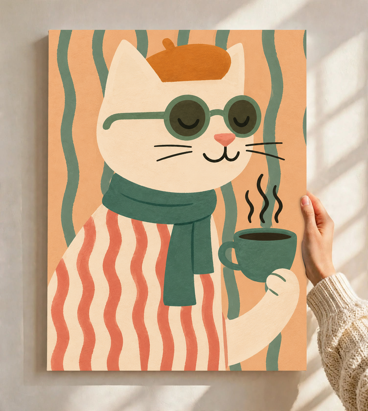 Cat art print mounted on a wall, featuring green glasses and a steaming mug