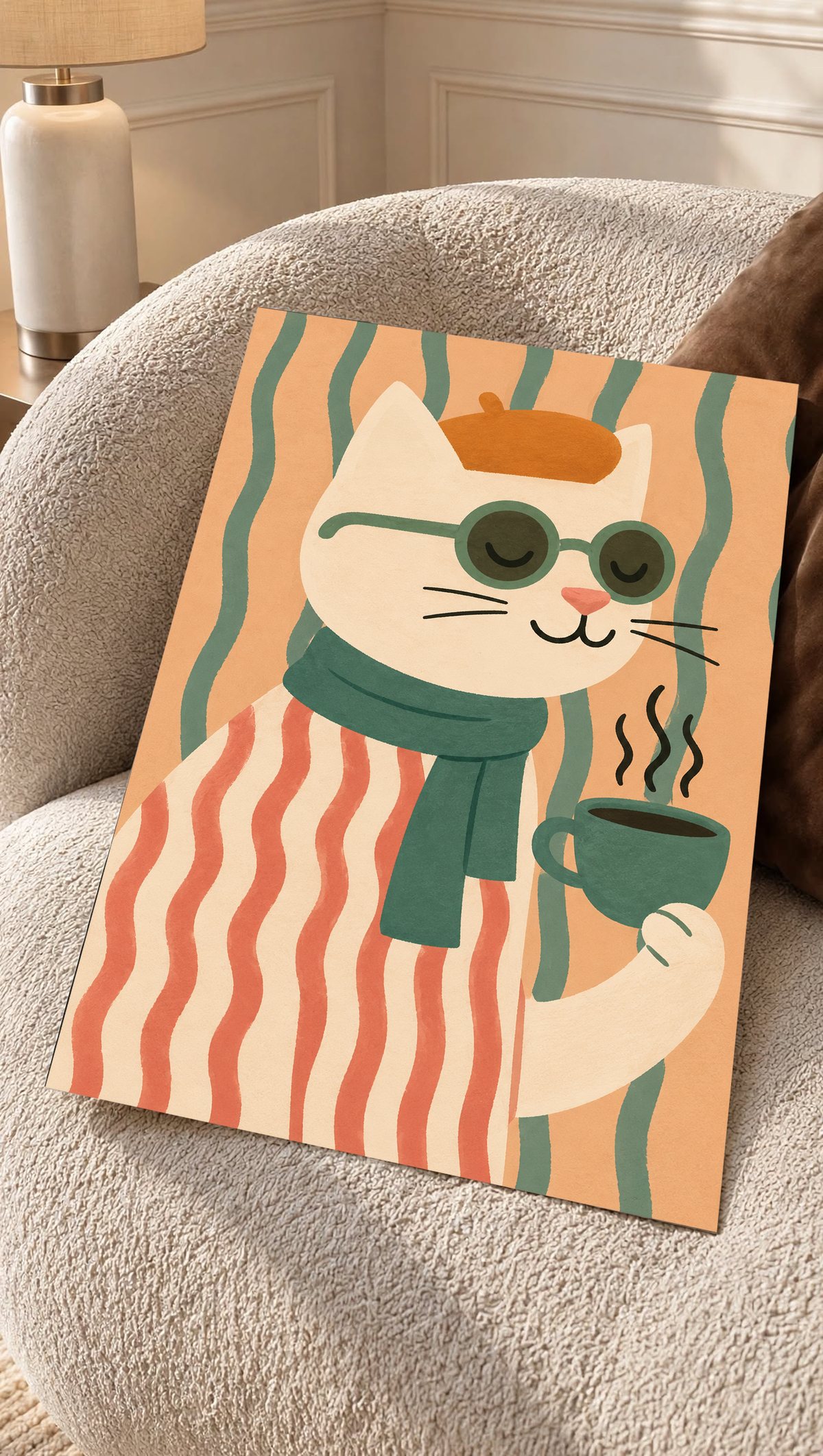 Cat art print leaning on a chair, with a green scarf and steaming mug