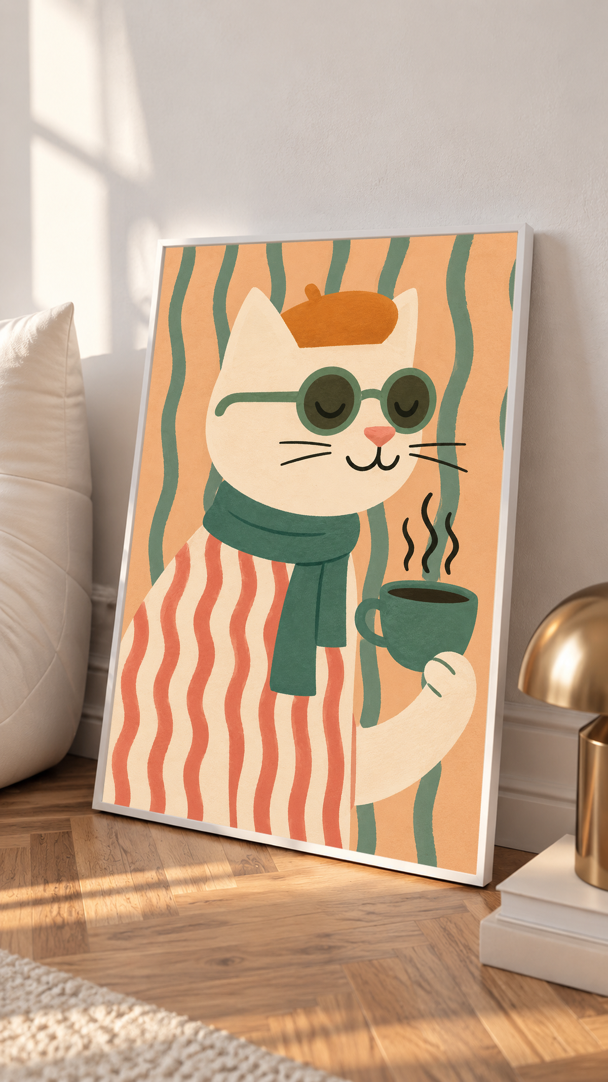 Framed art print of a cat wearing a beret and green glasses, holding a steaming mug