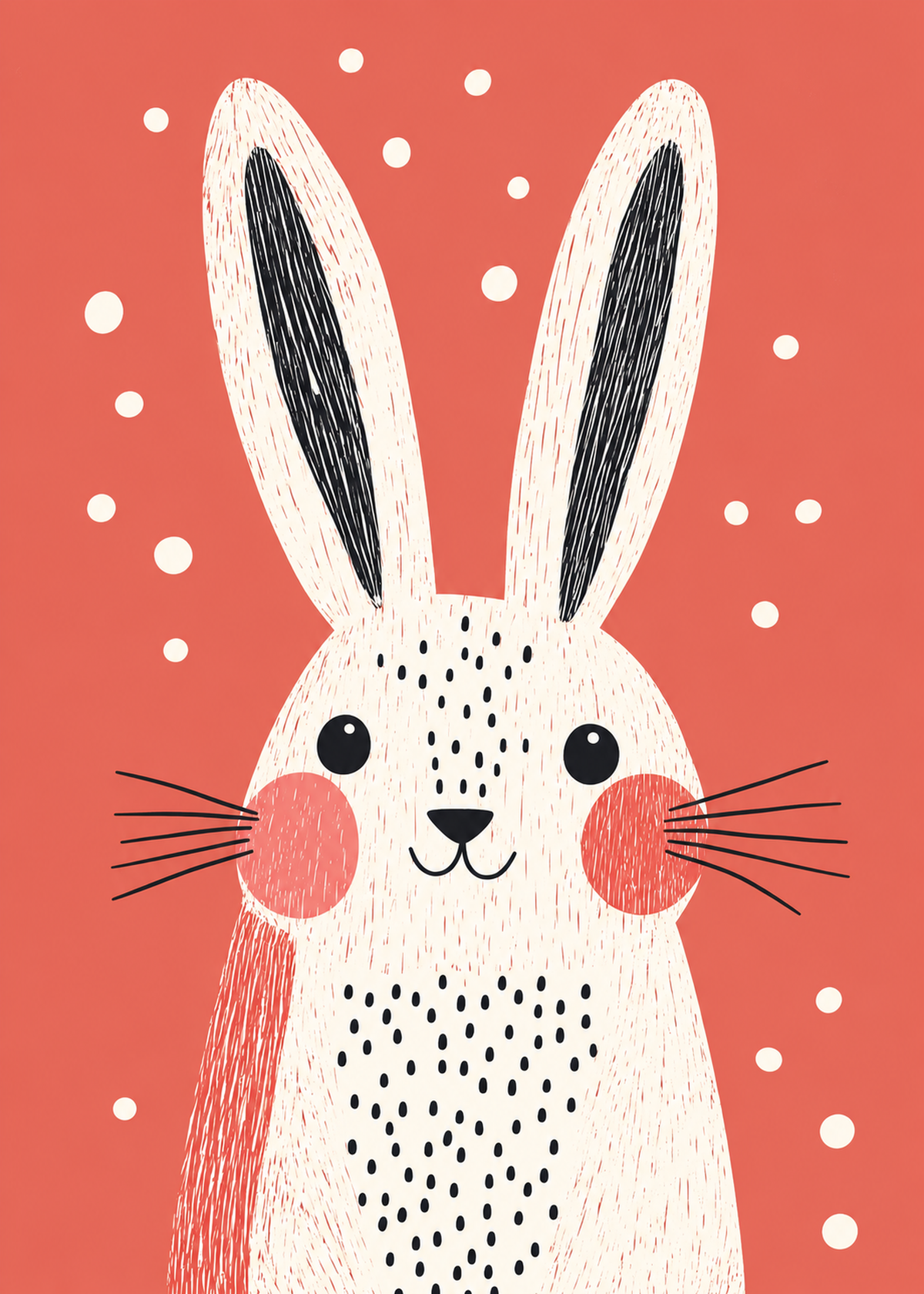 Nursery art print of a white rabbit with tall ears on a coral background