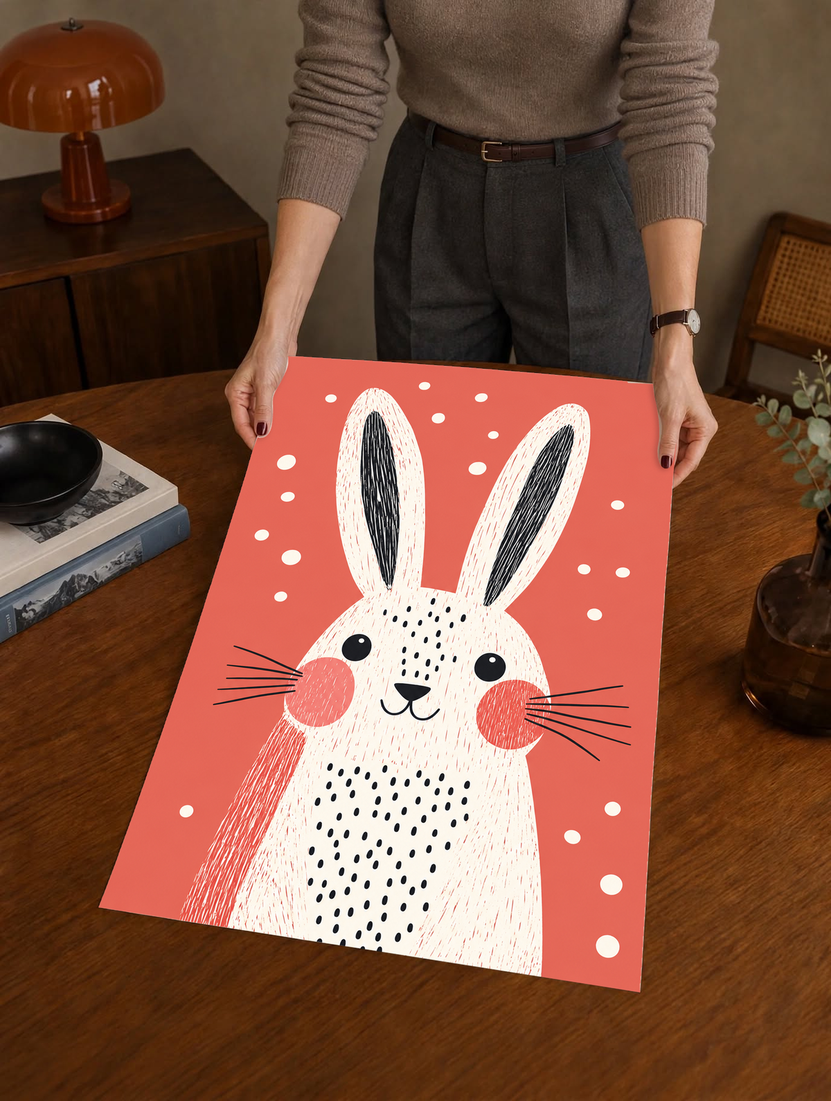 Coral rabbit art print held by its edges, showing a tall-eared white rabbit