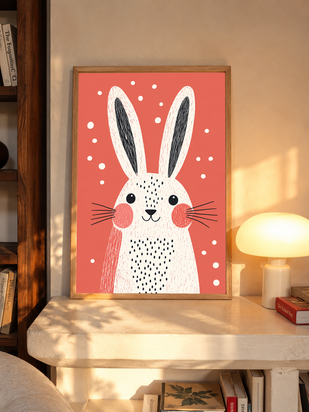 Tall-eared white rabbit art print in a natural wood frame