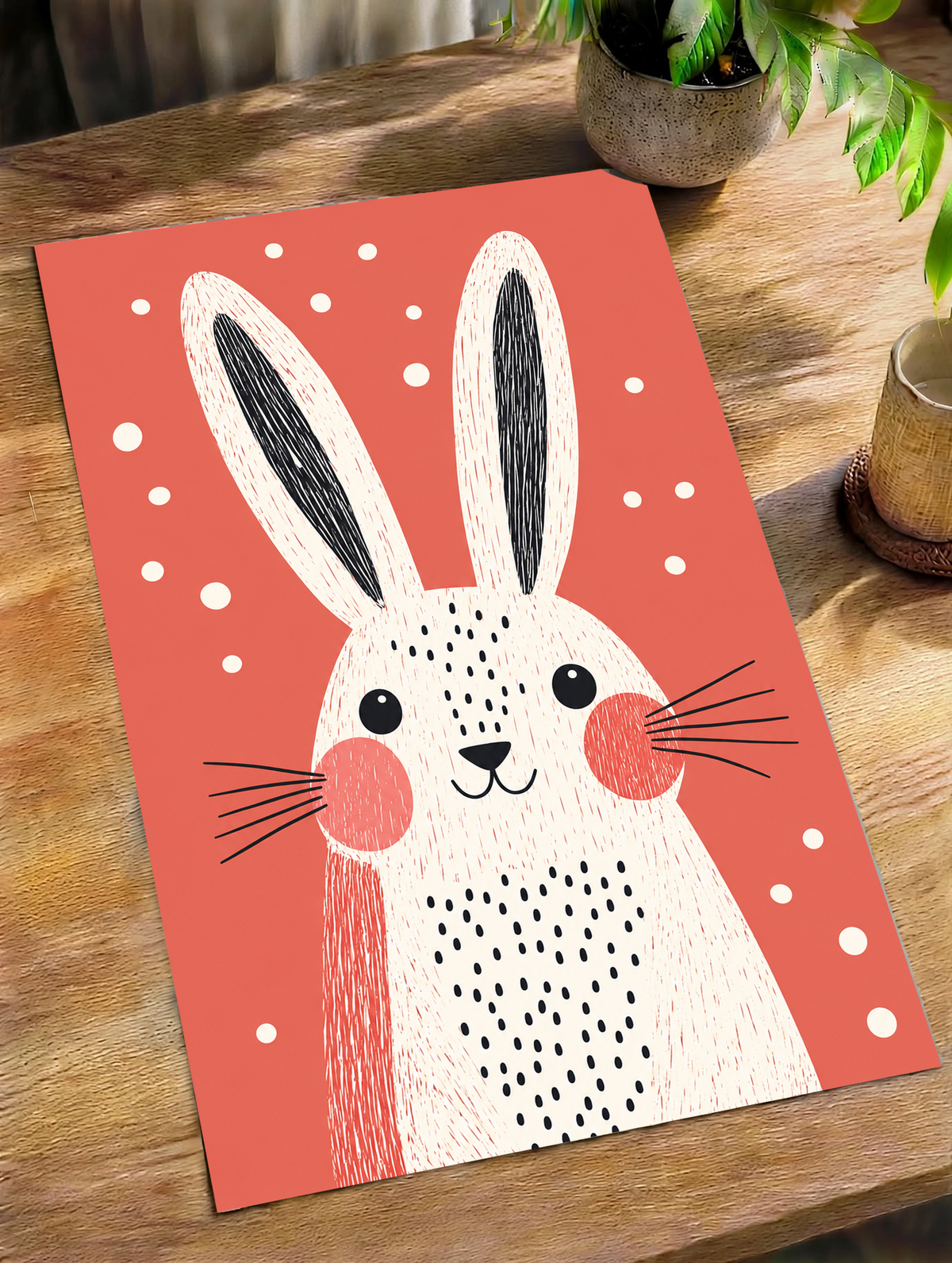 Unframed coral art print with a white rabbit and scattered dots