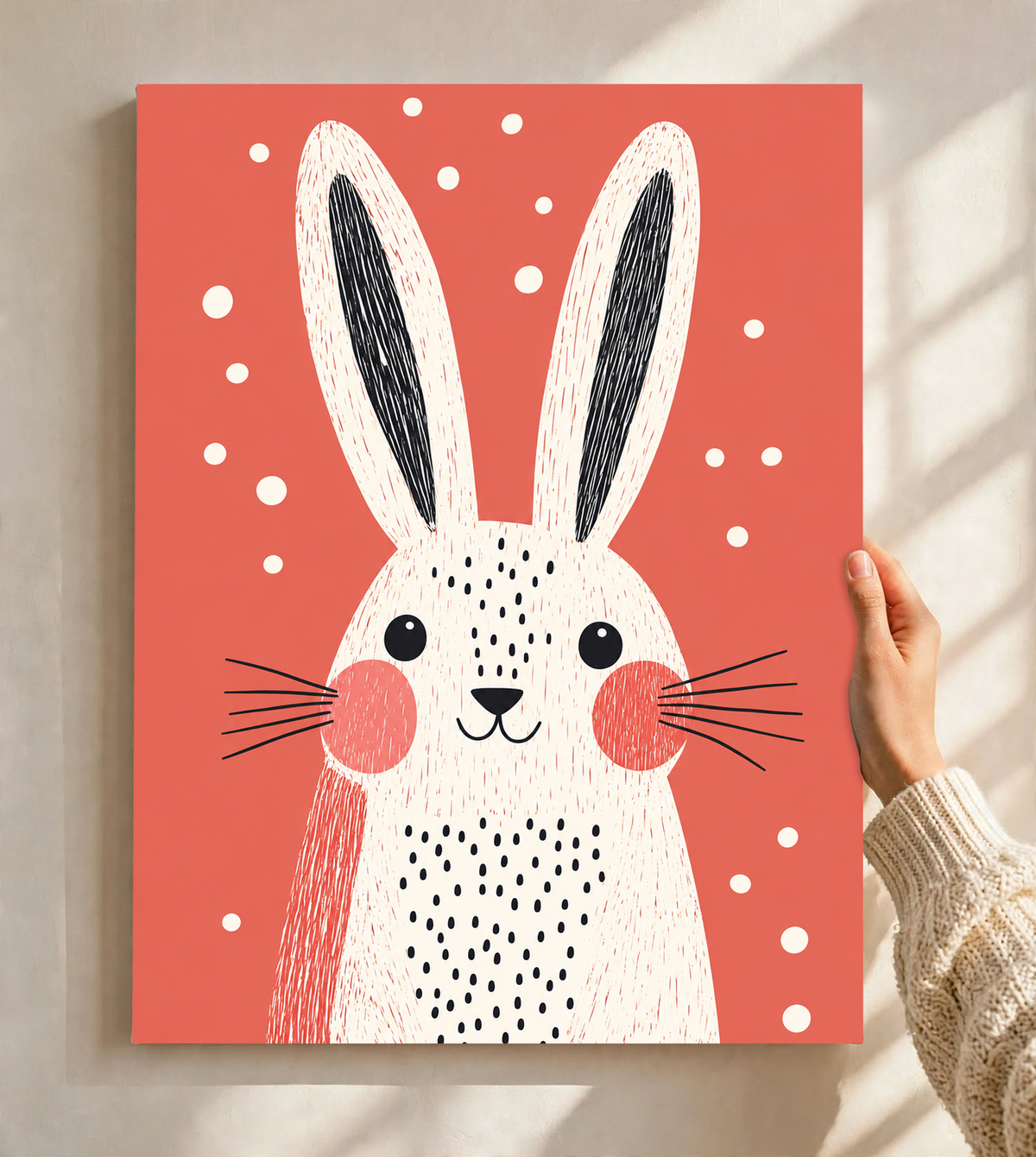 White rabbit nursery print with long ears, black spots, and coral cheeks